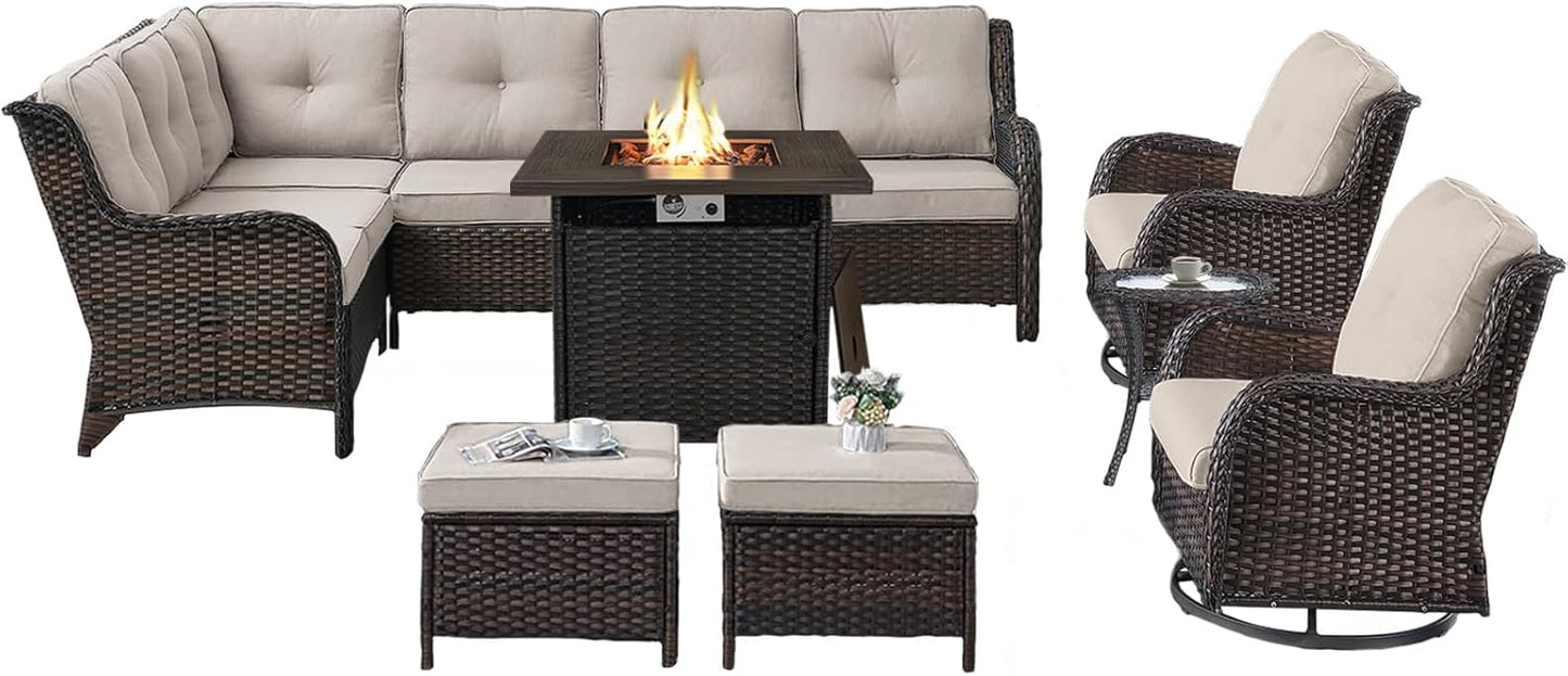 Outdoor Sectional Furniture Sofa Set with Propane Fire Pit Table, Wicker Patio Conversation Set with 2 Swivel Rocker Glider Chairs Beige Cushion Perfect for Backyard Casual Gathering