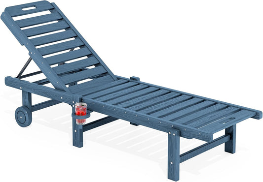 SERWALL Outdoor Chaise Lounge, 78" Length Patio Chaise Lounge Chair with 5 Positions Adjustable Backrest, HDPE Lounge Chair with Rolling Wheels & Cup Holder for Pool, Blue