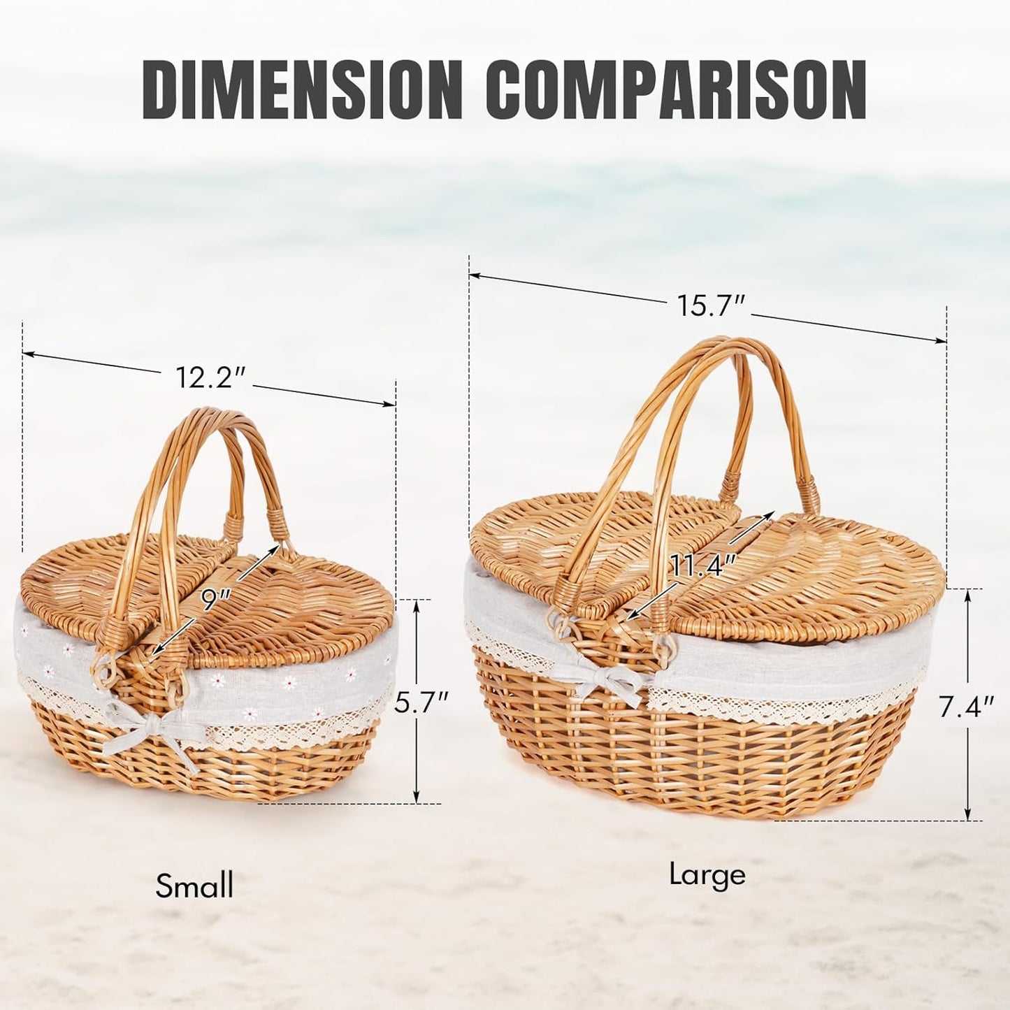 Happypicnic 12" Picnic Basket - Small Wicker Basket with Foldable Handle Lid & Removable Liner | Cute Picnic Basket Toy Empty for Kids, Gift, Halloween, Christmas, Valentines, Easter, Birthday, Flower