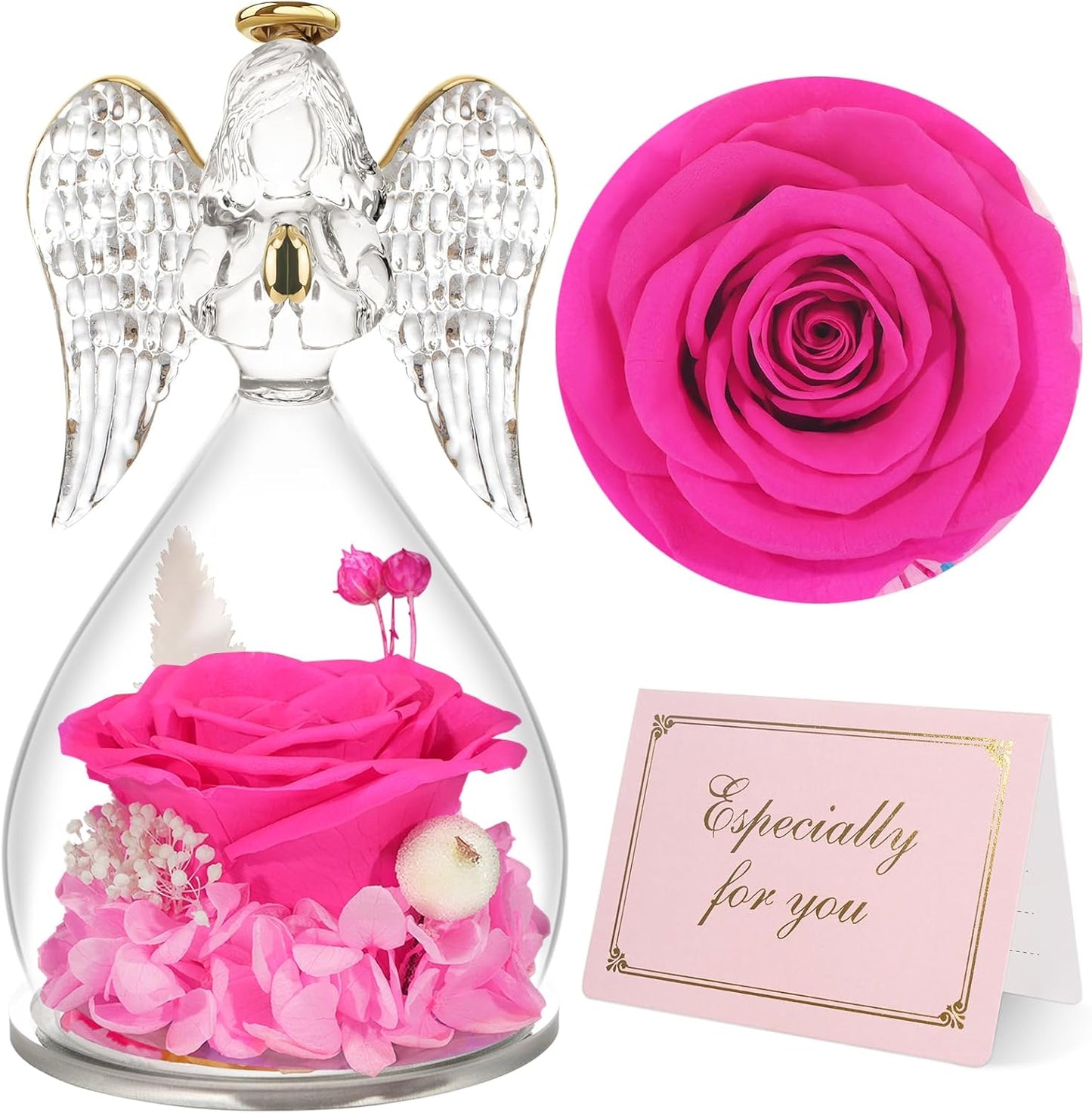 Yamonic Birthday Gifts for Mom,Christmas Angel Figurines with Real Rose Gifts for Her Mom Grandma,Preserved Flowers Rose Glass Angel Figurine for Mothers Day Christmas Birthday Gifts for Her(Hotpink)