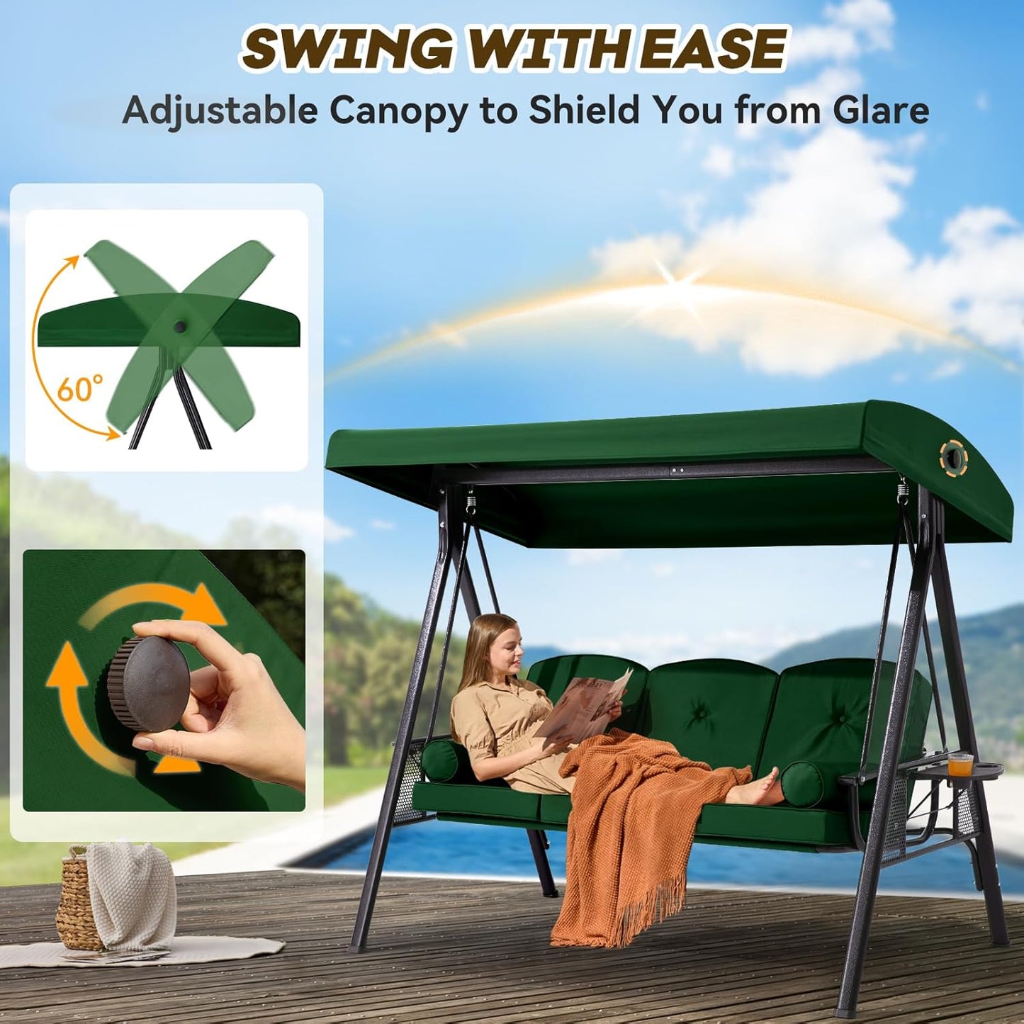 3 in 1 Outdoor Porch Swing with Canopy, 3 Seat Outdoor Swing for Adults, Patio Swing Chair with Thickened Cushions,Pillows & Cup Holders for Backyard, Porch, Garden (Green)
