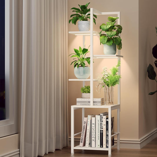Plant Stand Indoor with Grow Light, 5-Tiered Tall Plant Stand Indoor, Metal Plant Shelf with Bookshelf Bookcase and Adjustable Light, Ideal for Living Room, Reading room, Garden, Patio (white)