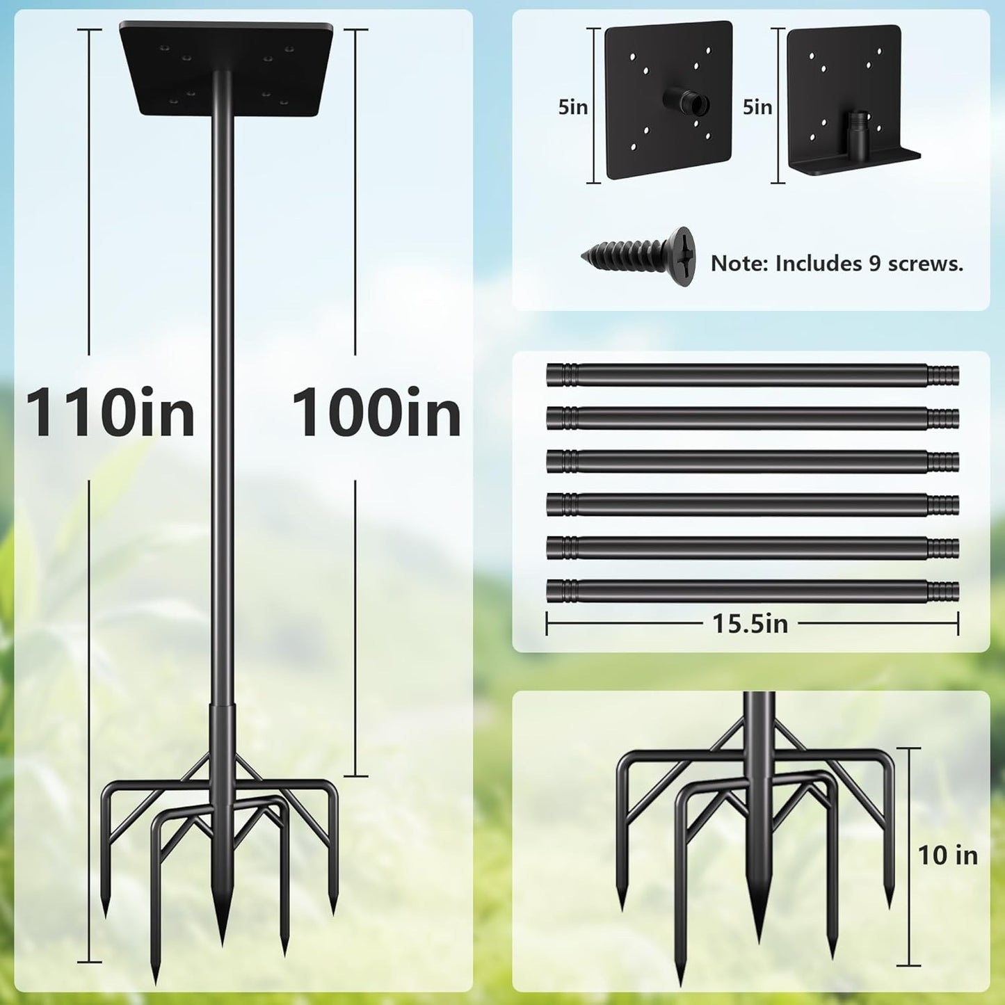 Bird Feeder Pole Kit 110 Inch,Bird House Pole for Outdoors Heavy Duty,5 Base Prongs Adjustable Birds Feeder Stand for House