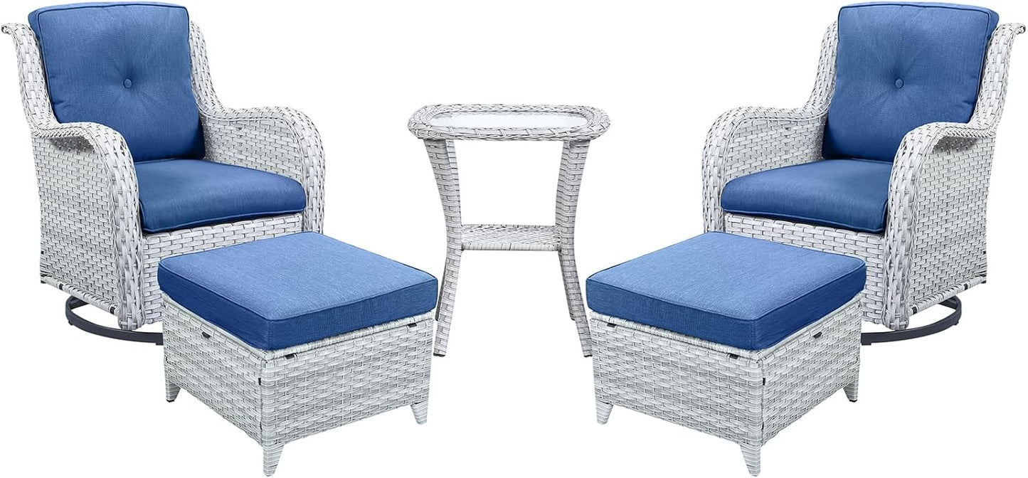 Outdoor Swivel Rocker Furniture 5 Pieces Patio Wicker Furniture Sets, Rattan Patio Swivel Glider Chairs with 2 Ottoman and Glass Side Table