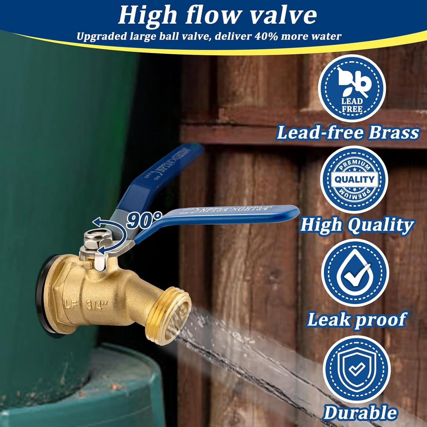 Brass Rain Barrel Spigot Kit 3/4" GHT Brass Water Container Spigot Kit, 3/4" GHT Male Threaded Quarter Turn Ball Valve with Bulkhead Fitting for Garden Hose Thread Connection