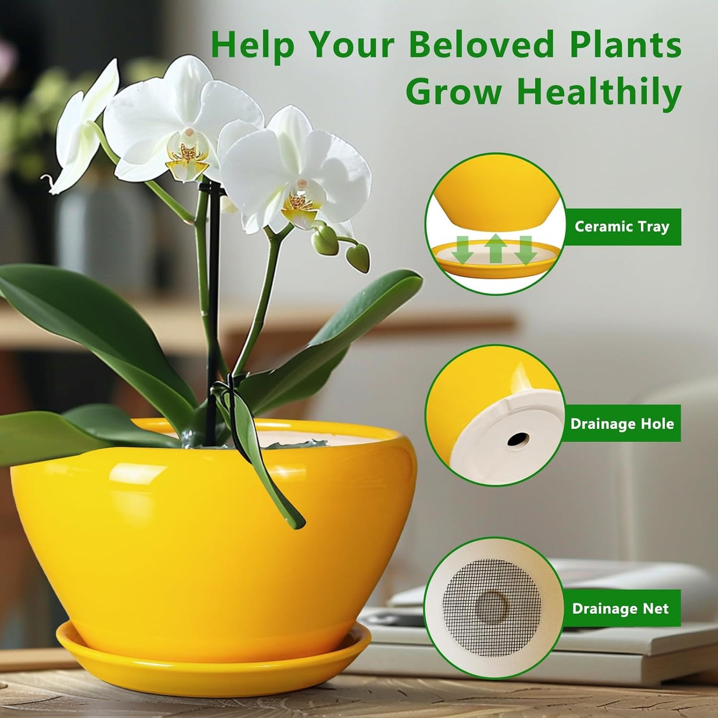 Indoor Planter 11 Inch - Decorative Mid-Century Large Ceramic Plant Pot for Outdoor Plants with Drainage Hole and Saucer, Home Balcony House Garden Patio Office Room Decor, Yellow