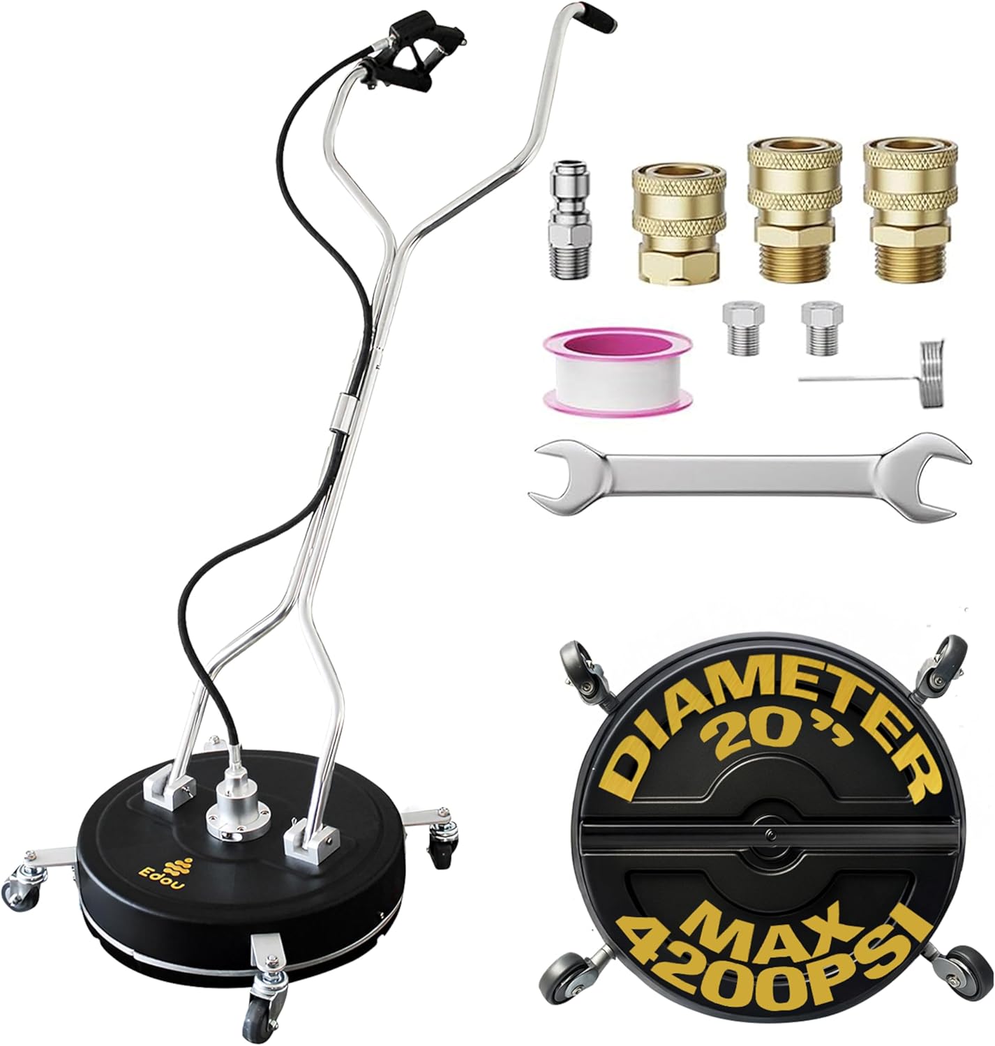 EDOU 20-Inch Dual Handle Pressure Washer Surface Cleaner, Wheels - Heavy Duty Composite Surface Pressure Washer - 4000 PSI Max - Includes 3/8-Inch Quick Connector Kit, Teflon Tape, Adapter Set