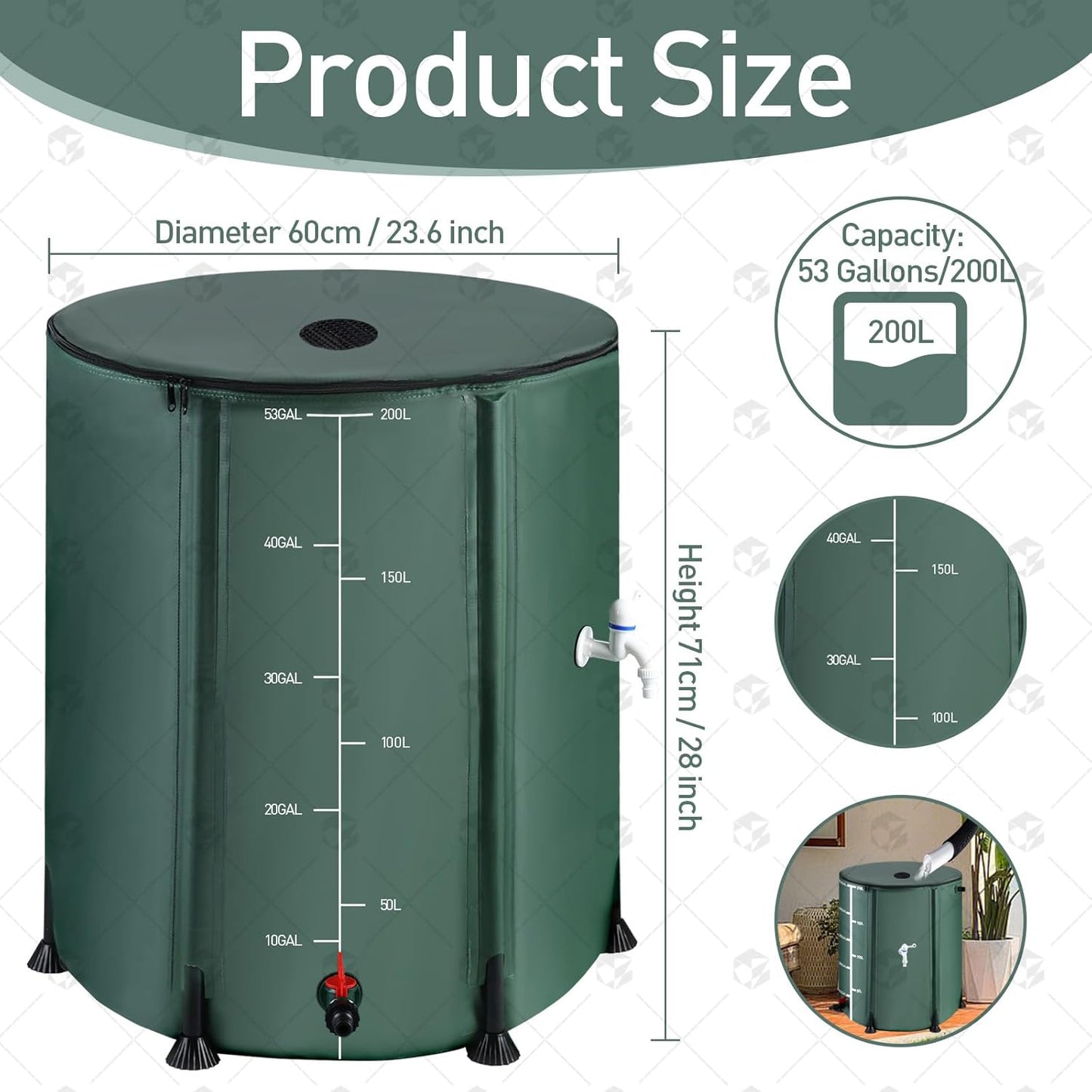 2Pcs 53 Gallon Collapsible Rain Barrel Kit with 12 Half Poles, 200L Protable Rain Water Collection Barrel with Zipper, 1000D Oxford Rain Catcher Barrel System Garden with 1 Spigot and 2 Overflow