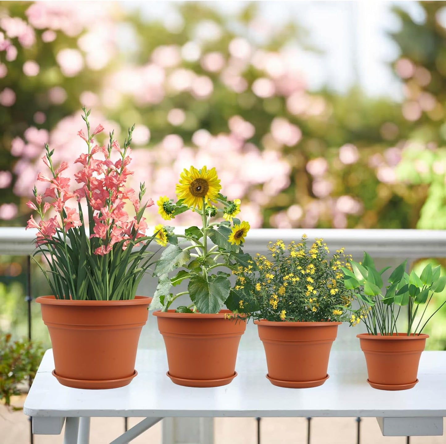 13 Inch Plastic-Flower-Pot-for-Indoor-Plants, 4 Pack Large Outdoor Planter Pot with Drainage Holes & Saucers, Resin Decorative Garden Pots Planters