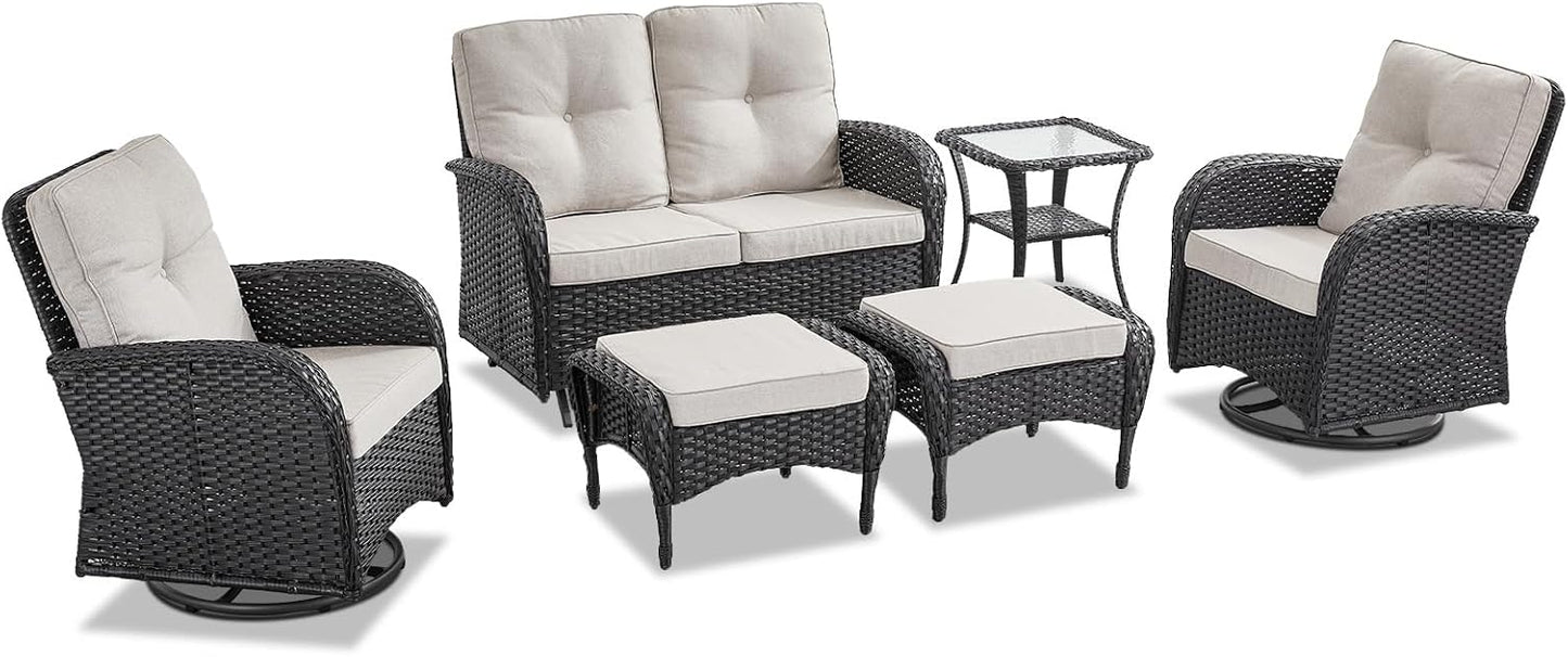 6 Pieces Wicker Patio Conversation Sets with Outdoor Swivel Rocker Chairs and Loveseat Glider Chair, All-Weather Rattan Furniture Set for Deck Patio Sunroom Backyard Black