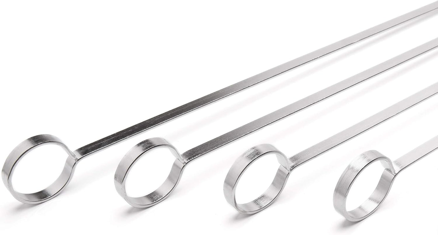 THORIUM BBQ Skewers |Shish Kebab Rotisserie Skewers for Grilling | Sharp Flat S kewers with Ring Handle for Easy Turning | Durable Stainless Steel | 12 Pieces, 35cm Long | Includes Basting Brush