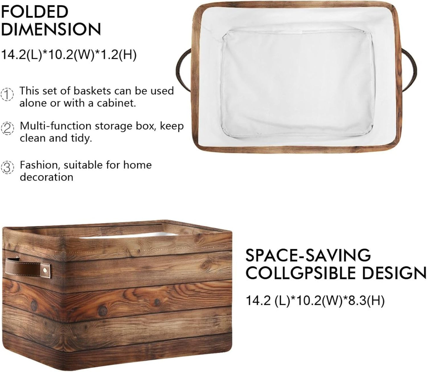 Wood Print Rectangular Retro Vintage Storage Basket Organizer Bin Shelf Baskets For Clothes Gifts For Home Office Dorm