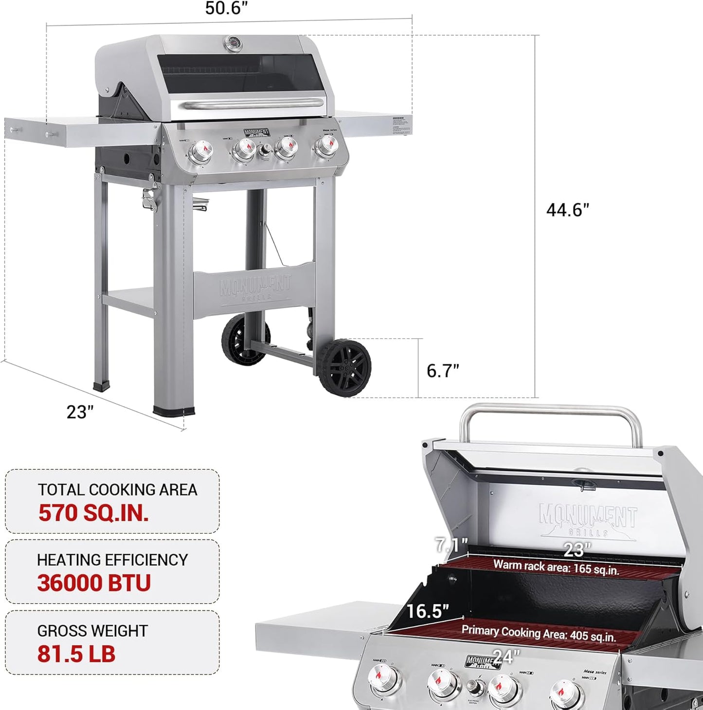 Monument Grills 4-Burner Liquid Propane Gas Grill, Silver Stainless Steel Grill Patio Garden Barbecue Grill with Clearview® Lid and One Foldable Shelf, Mesa400MF with BBQ Cover