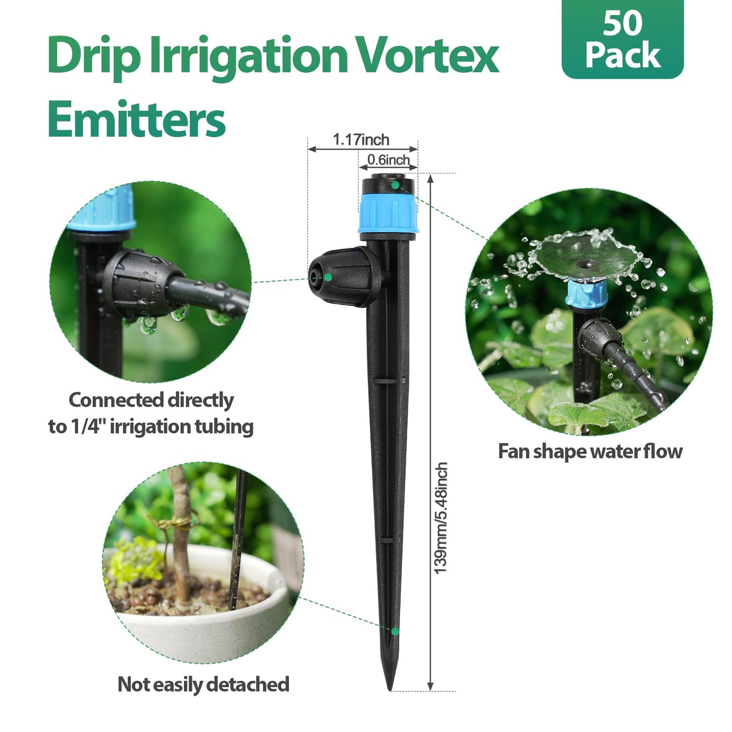 50 Pieces Drip Emitters for 1/4" Drip Irrigation Tubing, Adjustable 360 Degree Vortex Drip Emitters with Stake 360° Full Circle Fan Shape Pattern Garden Irrigation Micro Drippers