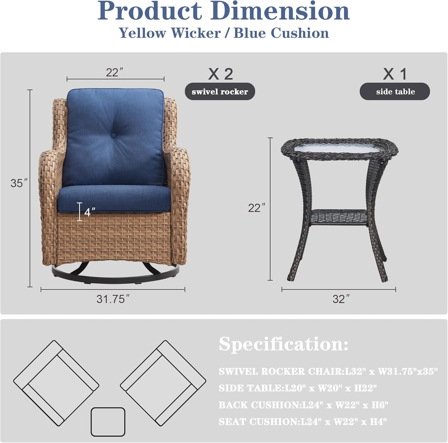 Outdoor Swivel Rocker Patio Chairs - 360 Degree Swivel Glider Seating 350LBS Weight Capacity 3 Piece Wicker Rocking Chairs Set with Side Table for Porch Balcony Deck, Yellow/Blue
