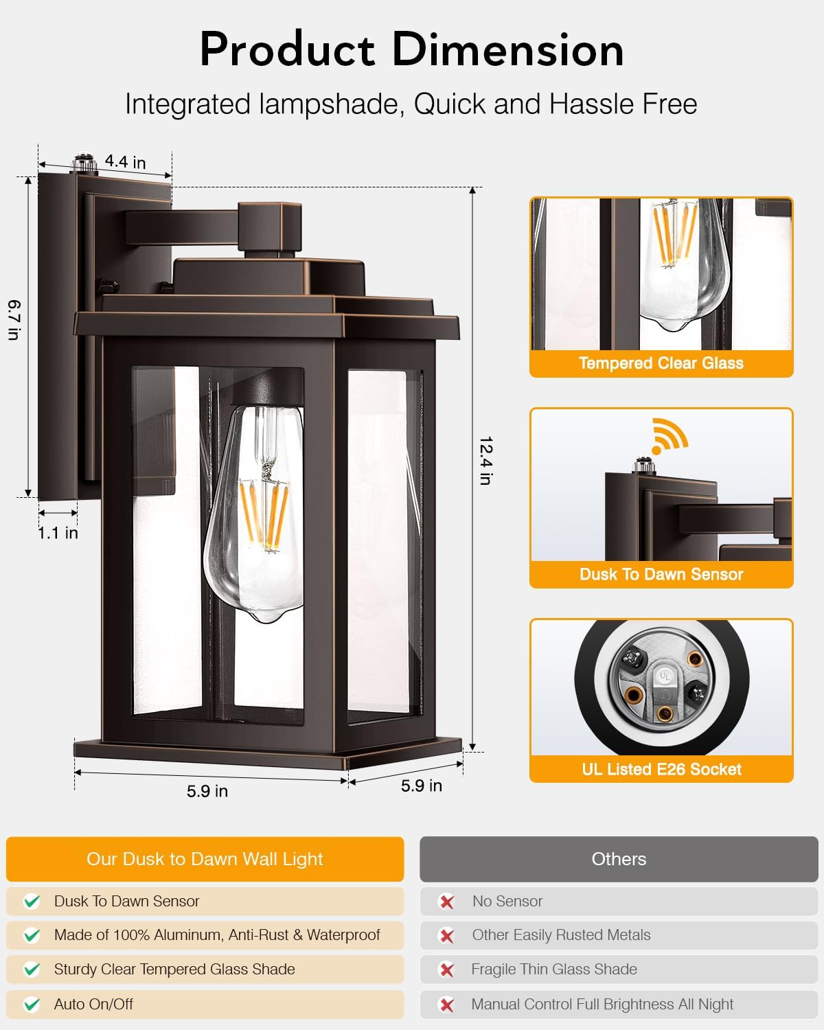 VIANIS Oil Rubbed Bronze Dusk to Dawn Outdoor Lights, Anti-Rust Aluminum Outside Lights for House, Modern Waterproof Hardwired Outdoor Wall Sconce for Porch, Garage, Front Door, Easy-to-Install