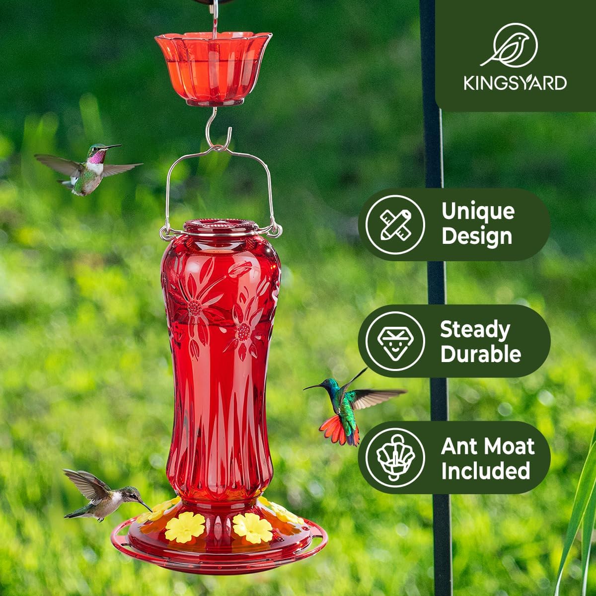 Kingsyard Glass Hummingbird Feeders for Outdoors Hanging, Hummingbird Nectar Feeder with Ant Moat & 6 Bee Guard Feeding Ports, 25 Ounces Leak Proof (Red)