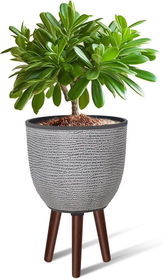 12 Inches Plant Pot with Stand, Large Decorative Standing Planters with Drainage Holes for Indoor Plants, Modern Gray Flower Pots with Legs