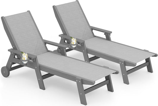 SERWALL Textilene Patio Chaise Lounge Chair Set of 2, 5 Positions Outdoor Lounge Chair with Rolling Wheels for Pool, Deck, Grey