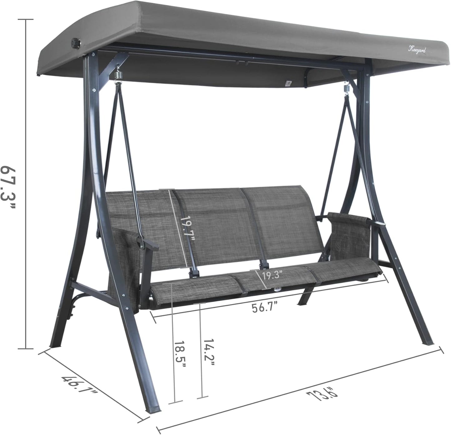 Kozyard Brenda 3-Seat Patio Swing Chair, Outdoor Porch Swing Glider with Adjustable Canopy, Side Pouches, Breathable Seat and Back, for Garden, Poolside, Backyard (Gray)