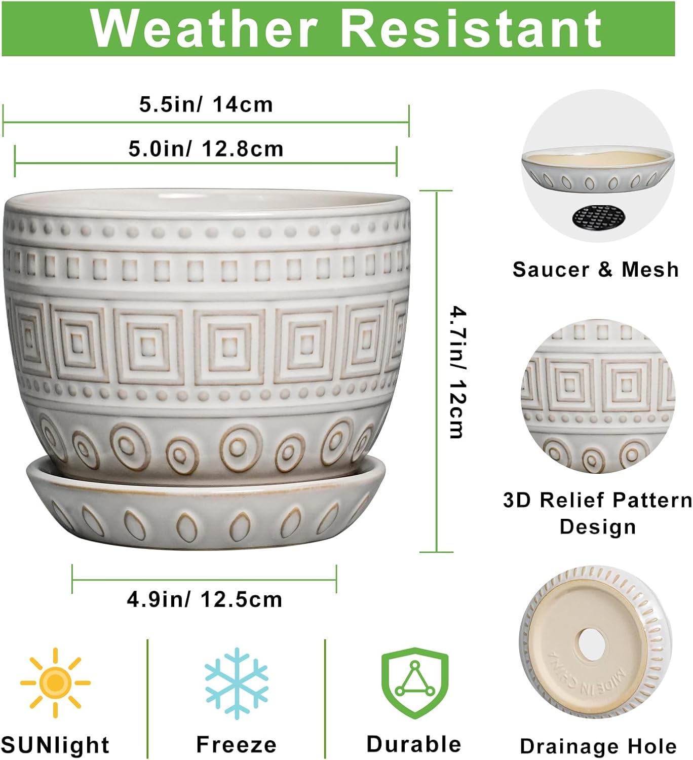 G EPGardening Ceramic Pots for Plants - 5 Inch Plant Pot Indoor with Drainage Hole and Saucer, Outdoor Flower Pot, Decorative Round Planter for Succulent Orchid Snake Plants, White