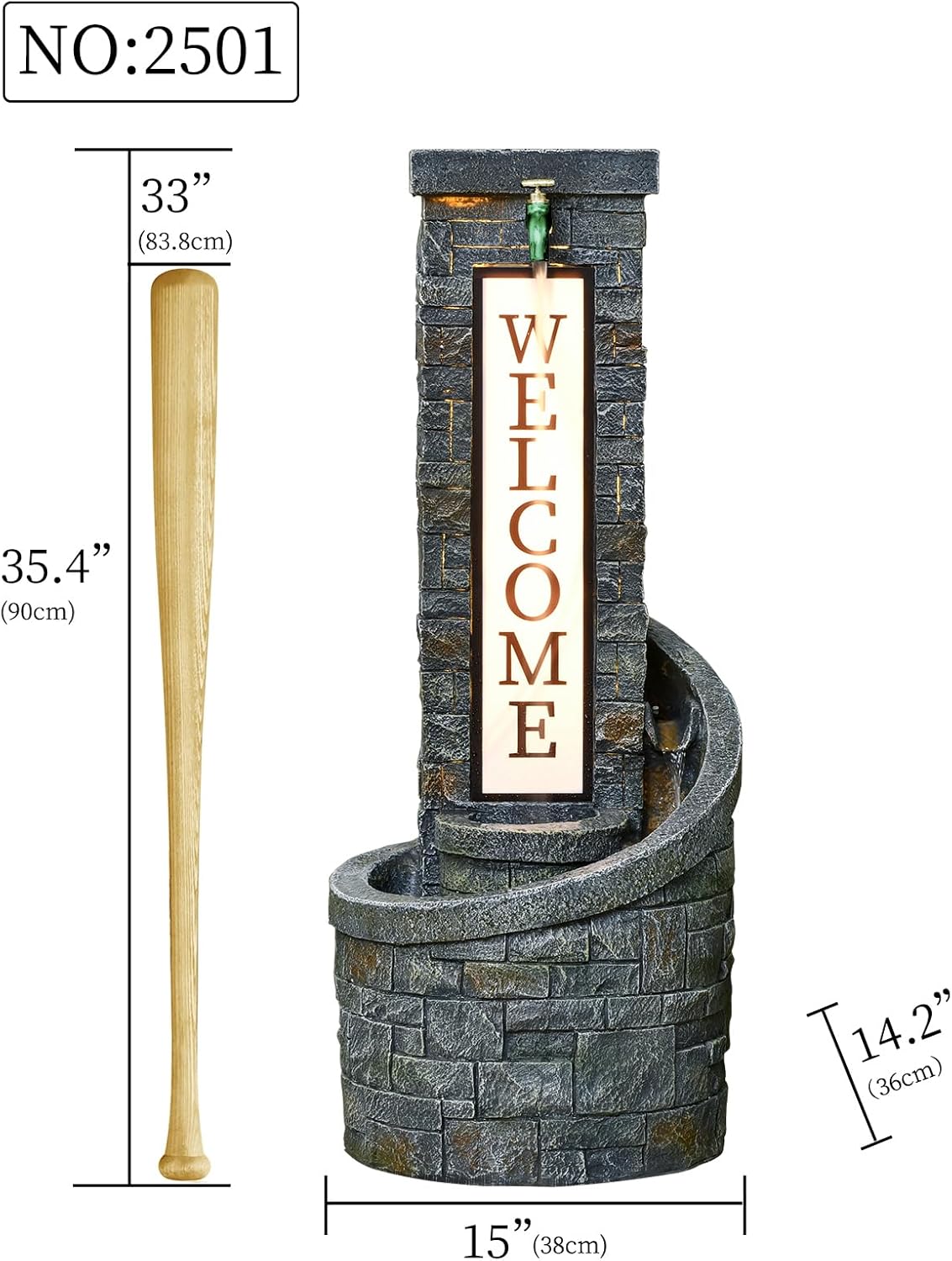 35.43 Inches Outdoor Water Fountain Welcome Garden Waterfall Indoor Modern Water Feature Freestanding Fountains with LED Lights and Pump for Patio Yard Pool Home Decor