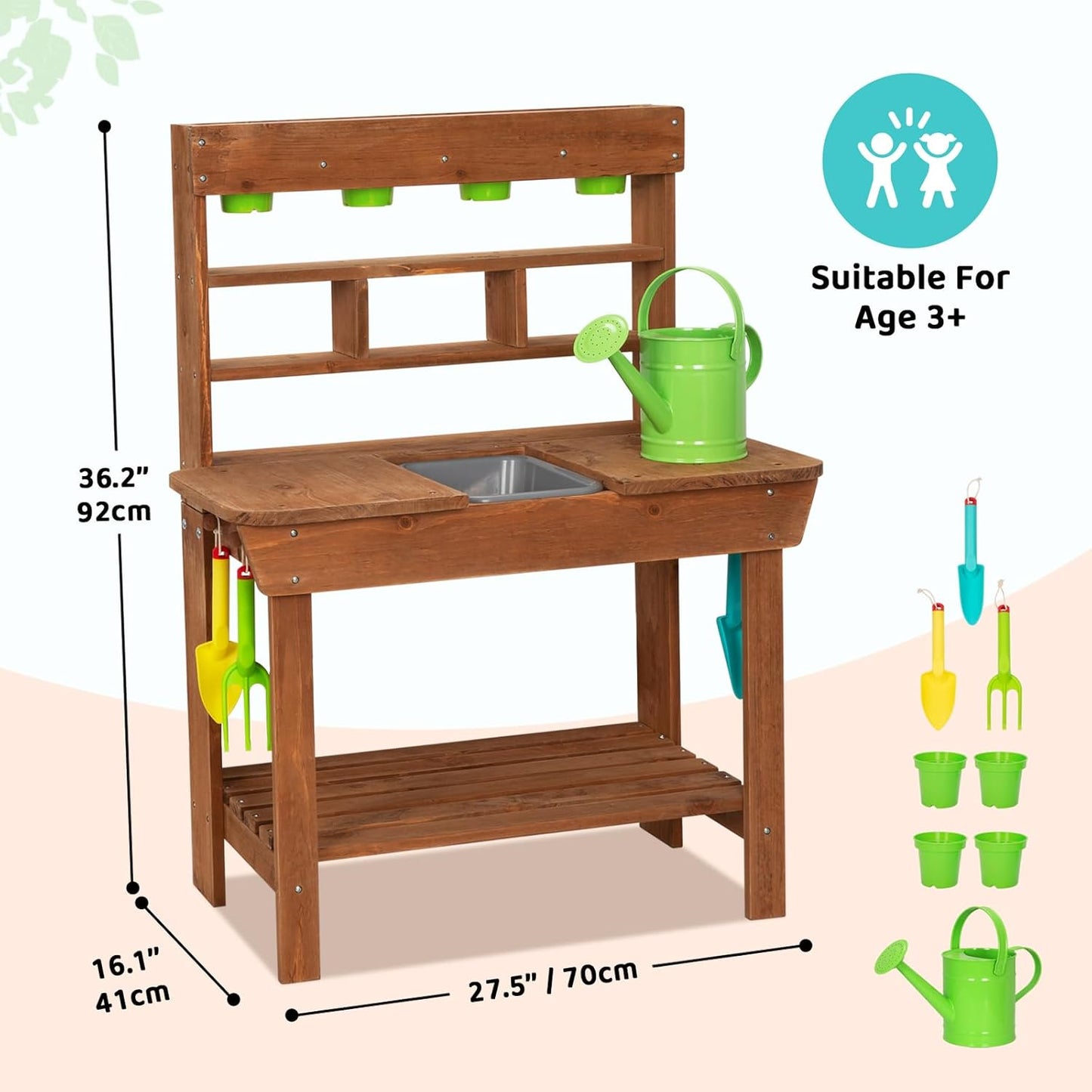 OOOK Potting Bench with Removable Sink, Potting Benches for Outside, Mud Kitchen for Kids Outdoor with Gardening Tools, Watering Can, Flower Pot, Ideal Gift for Boys and Girls 3+, Solid Fir Wood