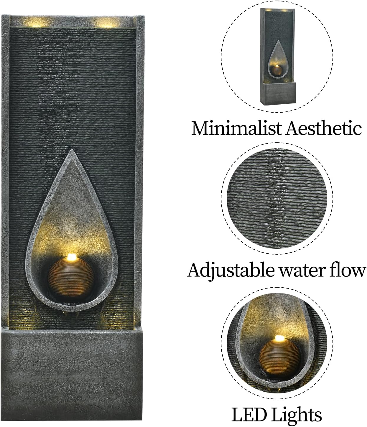 Water Fountain Indoor Outdoor, 53.14inch Modern Cascading Waterfall Feature with LED Lights, Tall Floor Standing Fountain for Garden, Deck, Patio, Porch, Yard Decor (53)