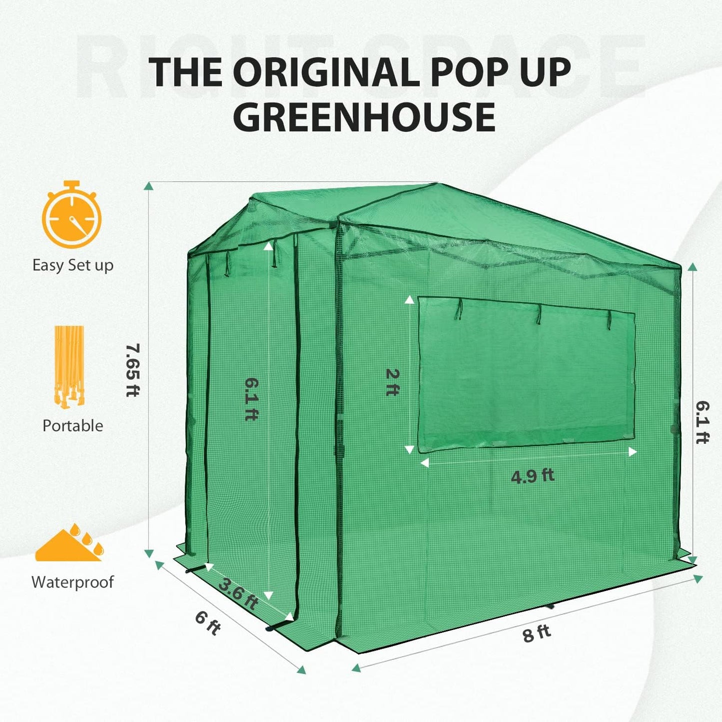 EAGLE PEAK Instant Pop-up Greenhouse, Indoor Outdoor Plant Gardening Green House, Roll-Up Zipper Doors and Side Windows, Walk in 8x6 ft, PE Cover, Green/Clear