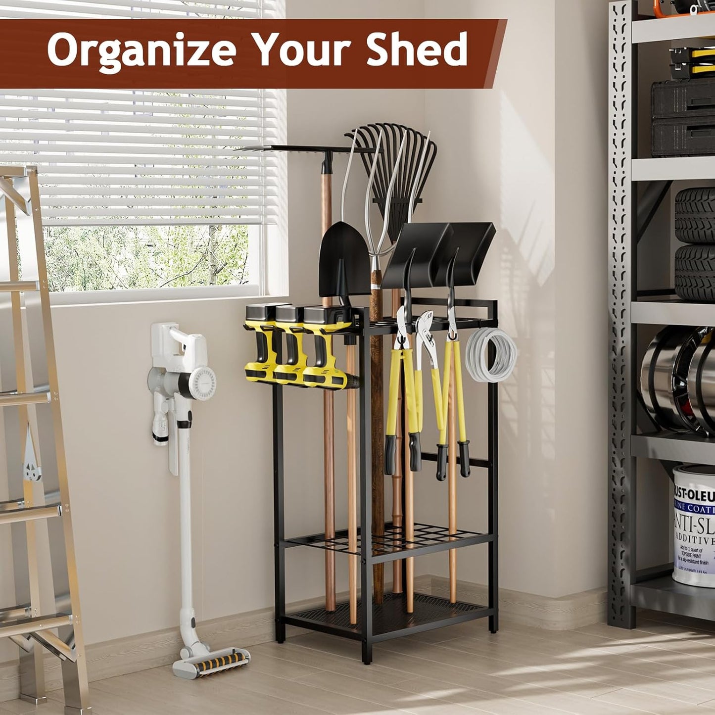 Garden Garage Tool Organizer Yard Tool Organizer for Garage with 4 Hooks, Heavy duty Steel Garden Tool Rack Holds up to 48 Long Handled Yard tools for Storage