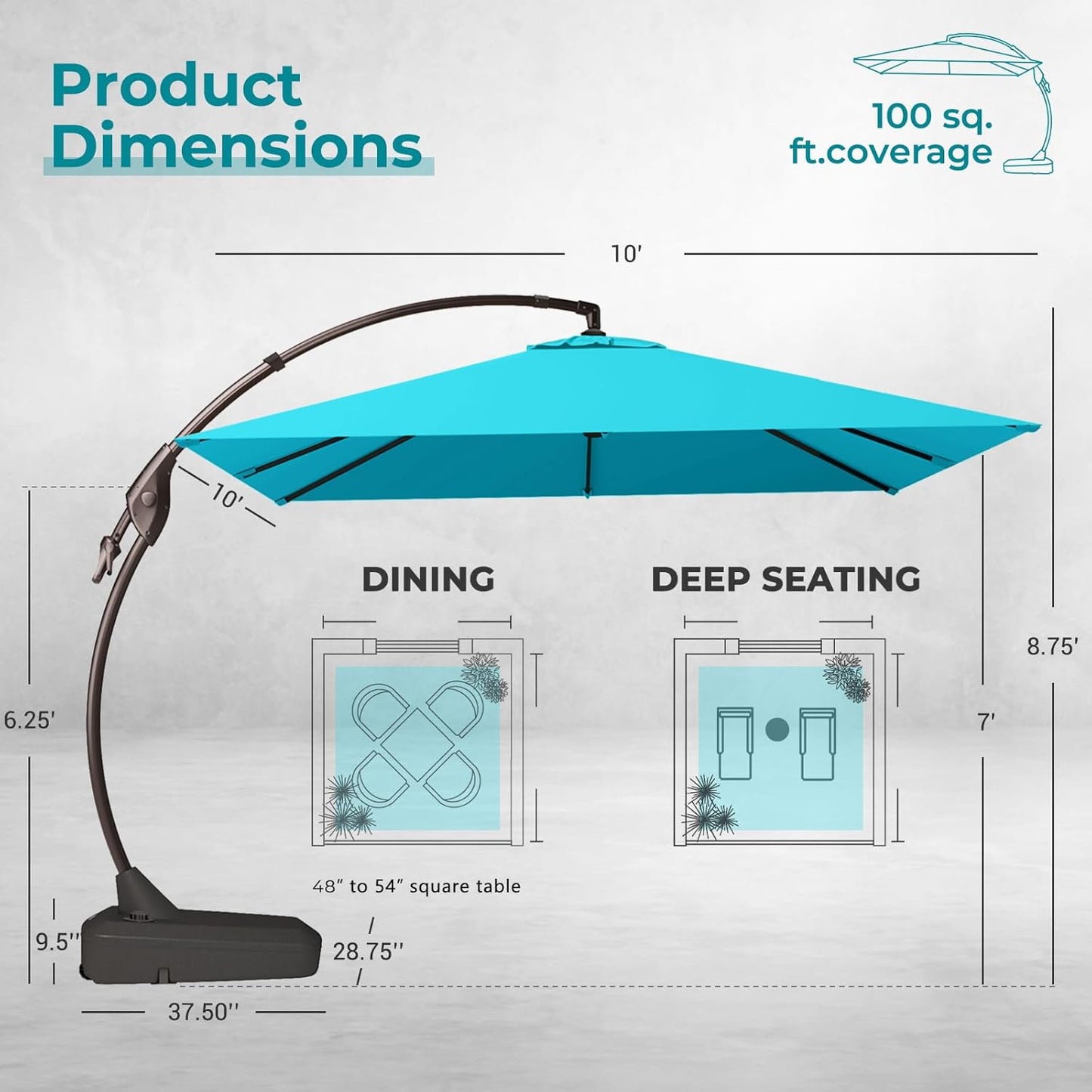 Grand patio Sunbrella 10x10 FT Cantilever Umbrella with Base Included Patio Square Aluminum Offset Umbrellas for Outdoor Pool (Aruba, 10X10 FT-SUNBRELLA)