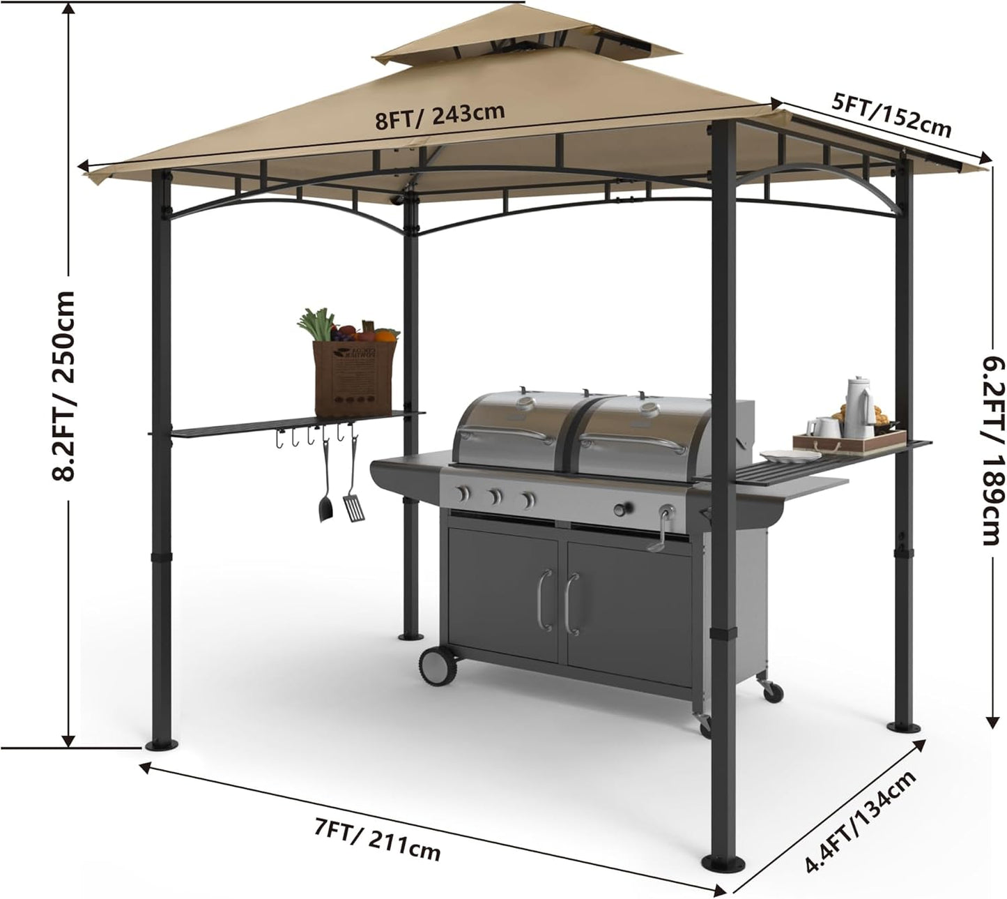 COOSHADE 8'x 5' Grill Gazebo Double Tiered Outdoor BBQ Gazebo Canopy with LED Light (Khaki)