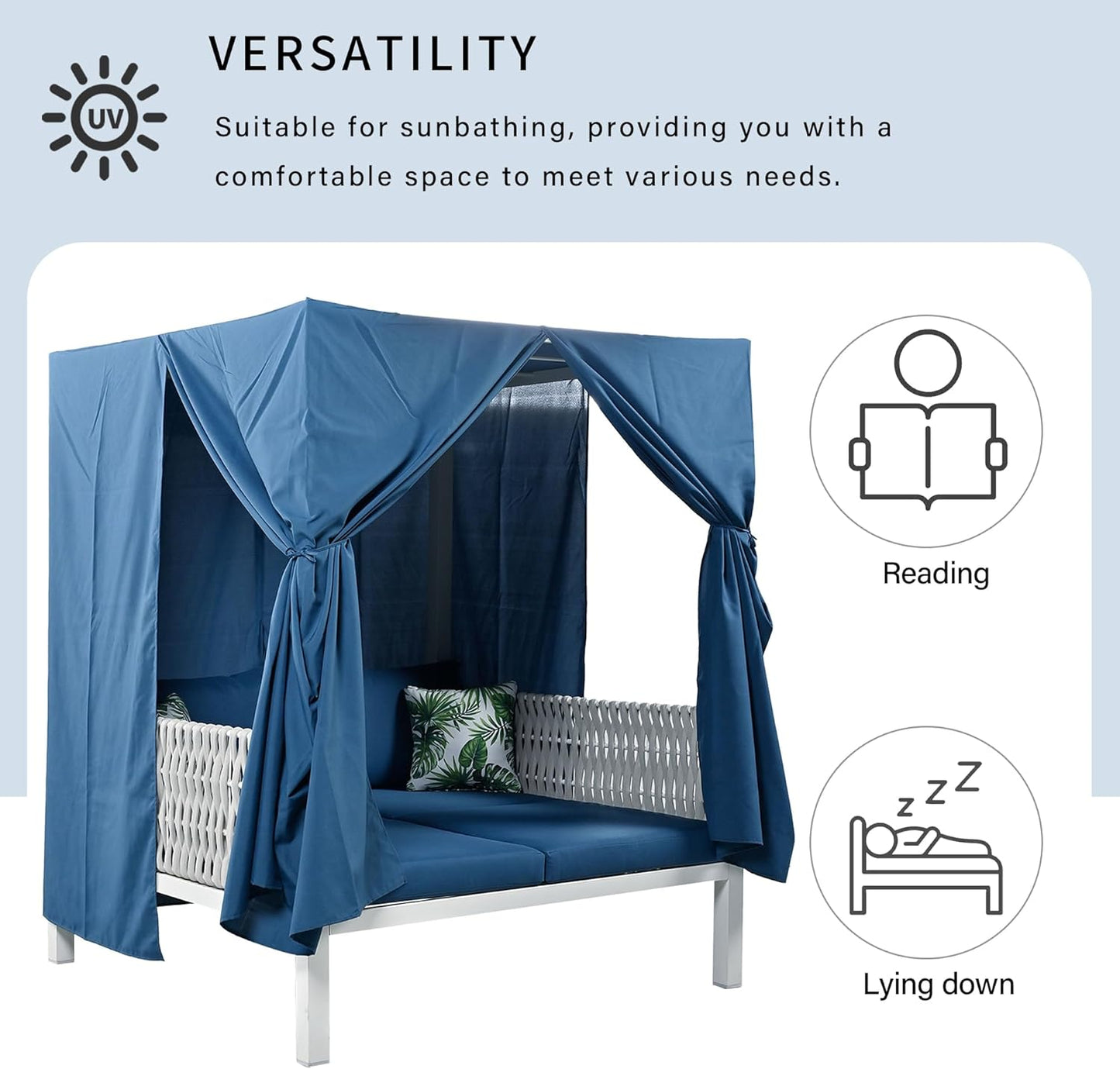 Polibi Outdoor Patio Sunbed with Blue Curtains,Outdoor Sun Lounger Bed with Pillows,Rubber Core Rope Weaving Outdoor Double Chaise Lounge Suitable for Pool,Garden,Blue