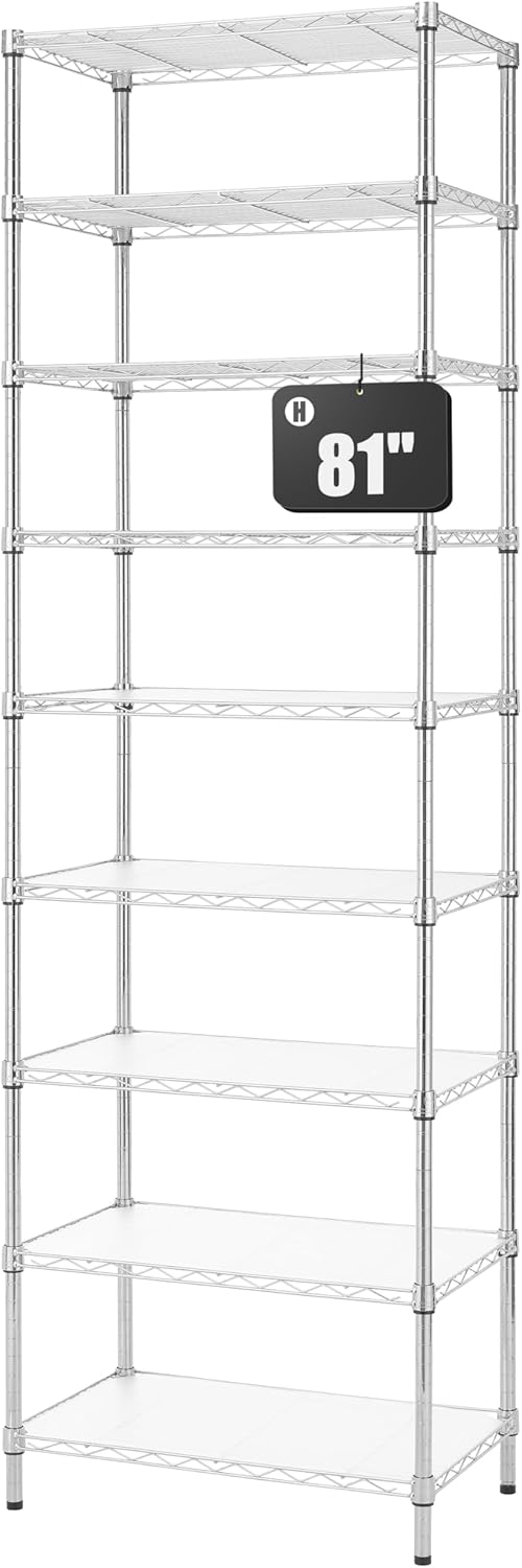Finnhomy 9-Tier Wire Shelving Unit Adjustable Steel Wire Rack Shelving, 81 Inches Height 9 Shelves Metal Storage Rack, Pantry Shelves for Storage with PE mat, NSF Certified, Chrome