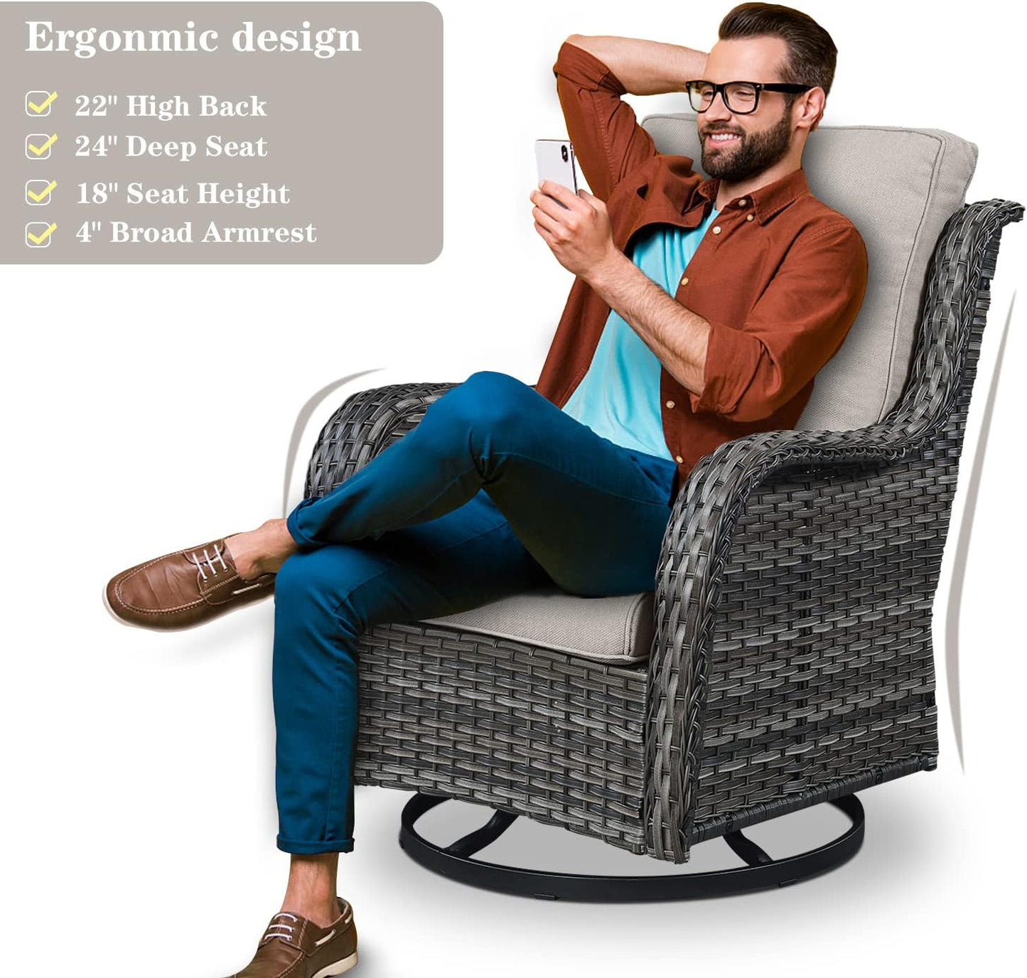 Outdoor Swivel Rcoker Patio Chairs - Outdoor Swivel Patio Chairs Set of 2 Wicker Chair Patio Furniture Sets with Covered Cushion for Porch Deck Balcony Garden, Beige