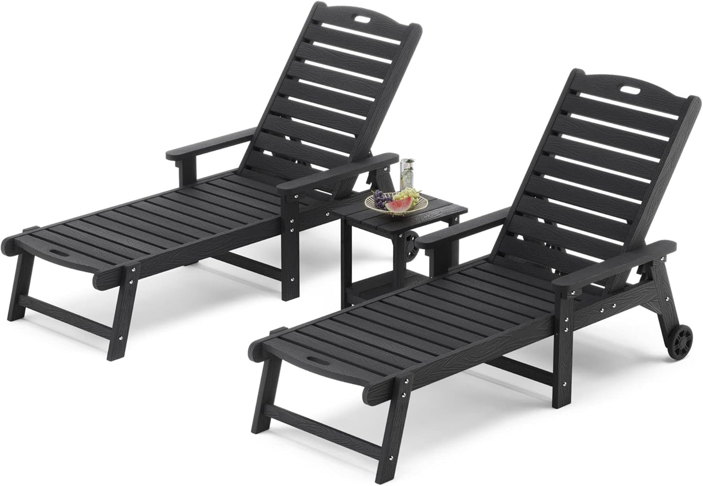 LUE BONA Chaise Lounge Chairs Set with Table, 3-Piece, HDPS Chaise Lounger, 5 Positions Adjustable Lounge Chairs, Pool Lounge Chair with Wheels for Poolside, 3 Year Warranty, Black
