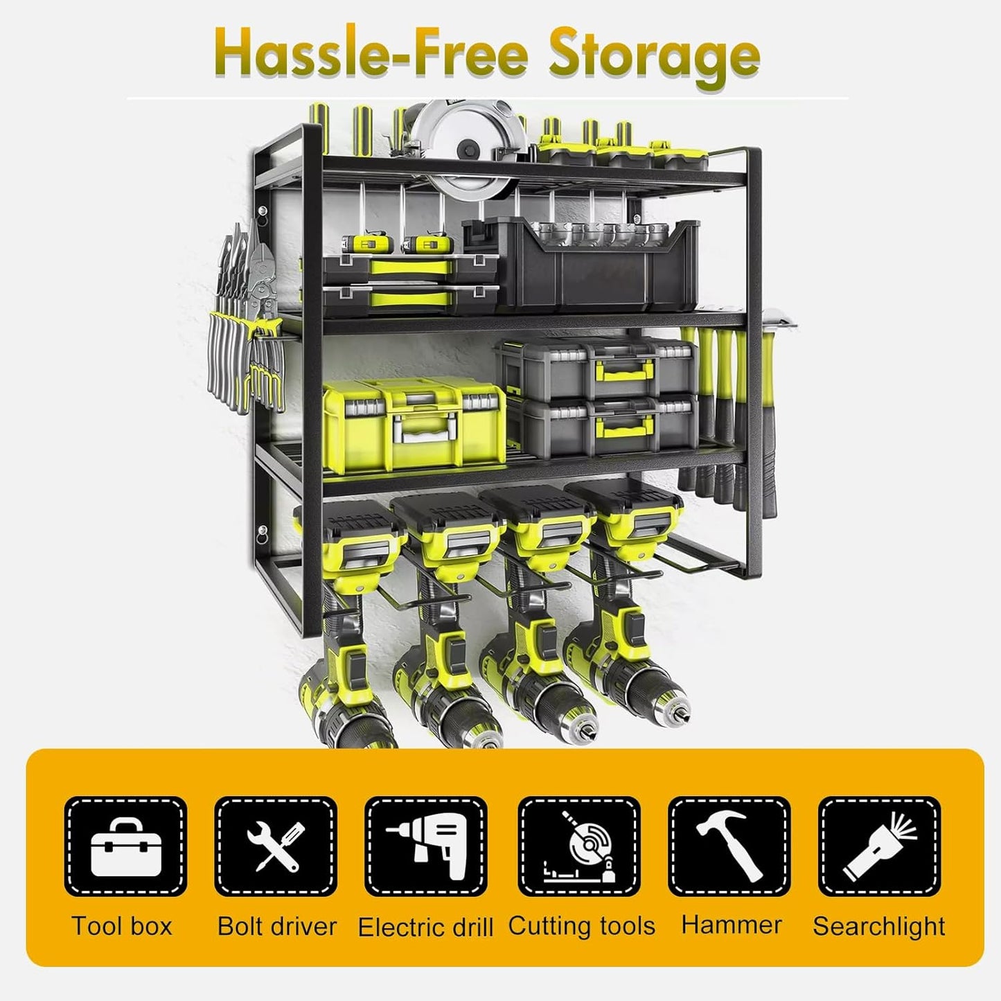 Wall Mount Power Tool Organizer, 4 Layer 4 Drill Hangers Storage Rack, Tool Organizers and Storage for Garage, Workshop, Pegboard, Shed - 16 inch