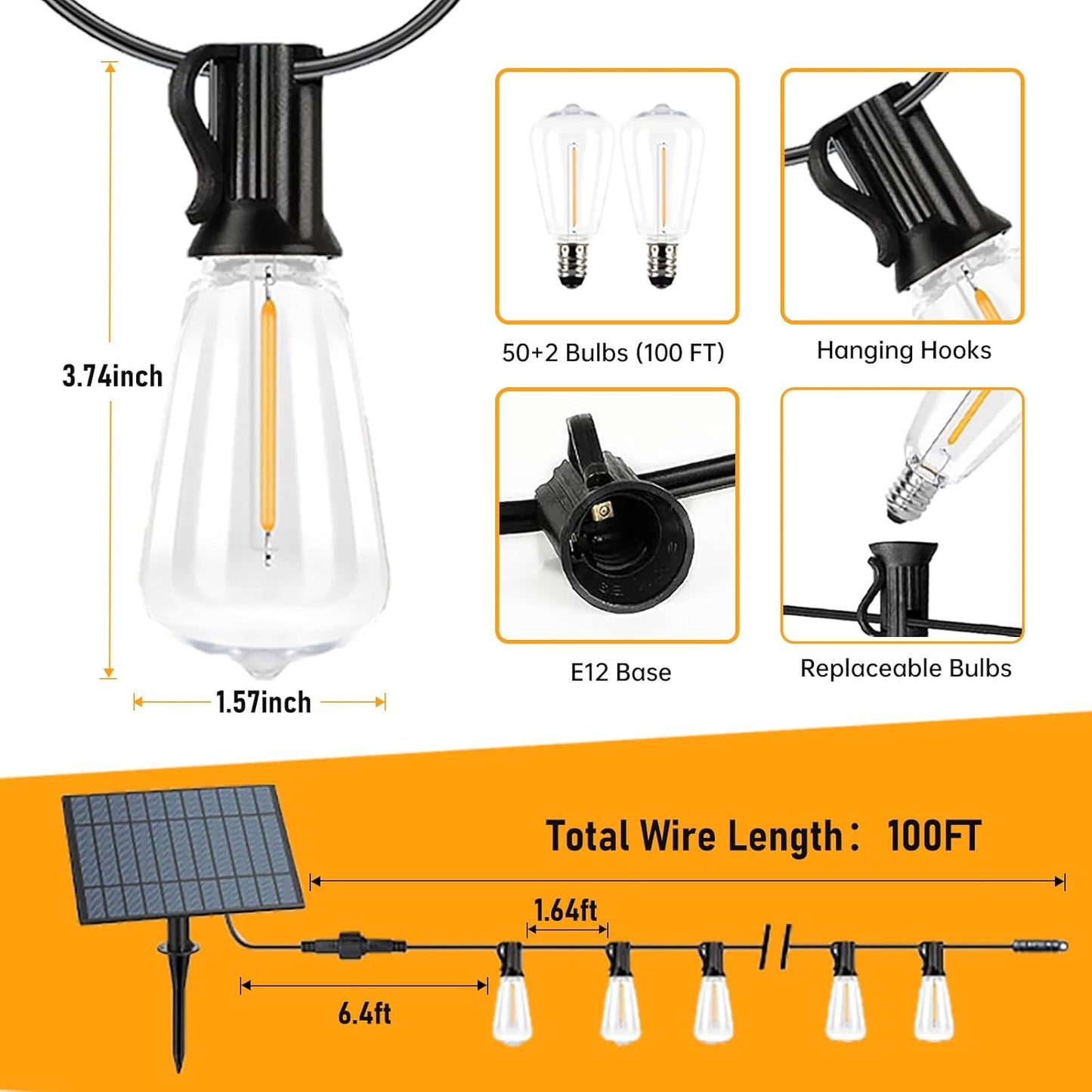 Solar String Lights Outdoor Waterproof, 100FT Solar Powered Outdoor Lights with Remote, 52 Shatterproof with Edison Bulbs, LED String SolarLights for Garden, Backyard, Parties