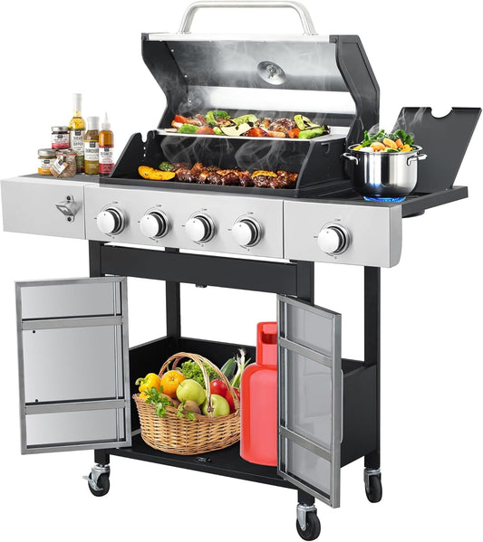 HYCHIKA 4-Burner Propane Grill with Sear & Side Burner, 46790 BTU Gas Grill with Griddle Pan & Enameled Cast Iron Grates, BBQ Grill with 439 Sq. In. Grilling Area for Outdoor, Patio, Backyard Babecue