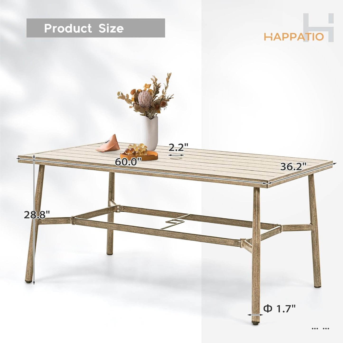 HAPPATIO Patio Table for 6, Large Modern Rectangle Outdoor Dining Table with Umbrella Hole and Adjustable Feet, All Weather Aluminum Patio Table for Garden, Backyard and Poolside, Brown