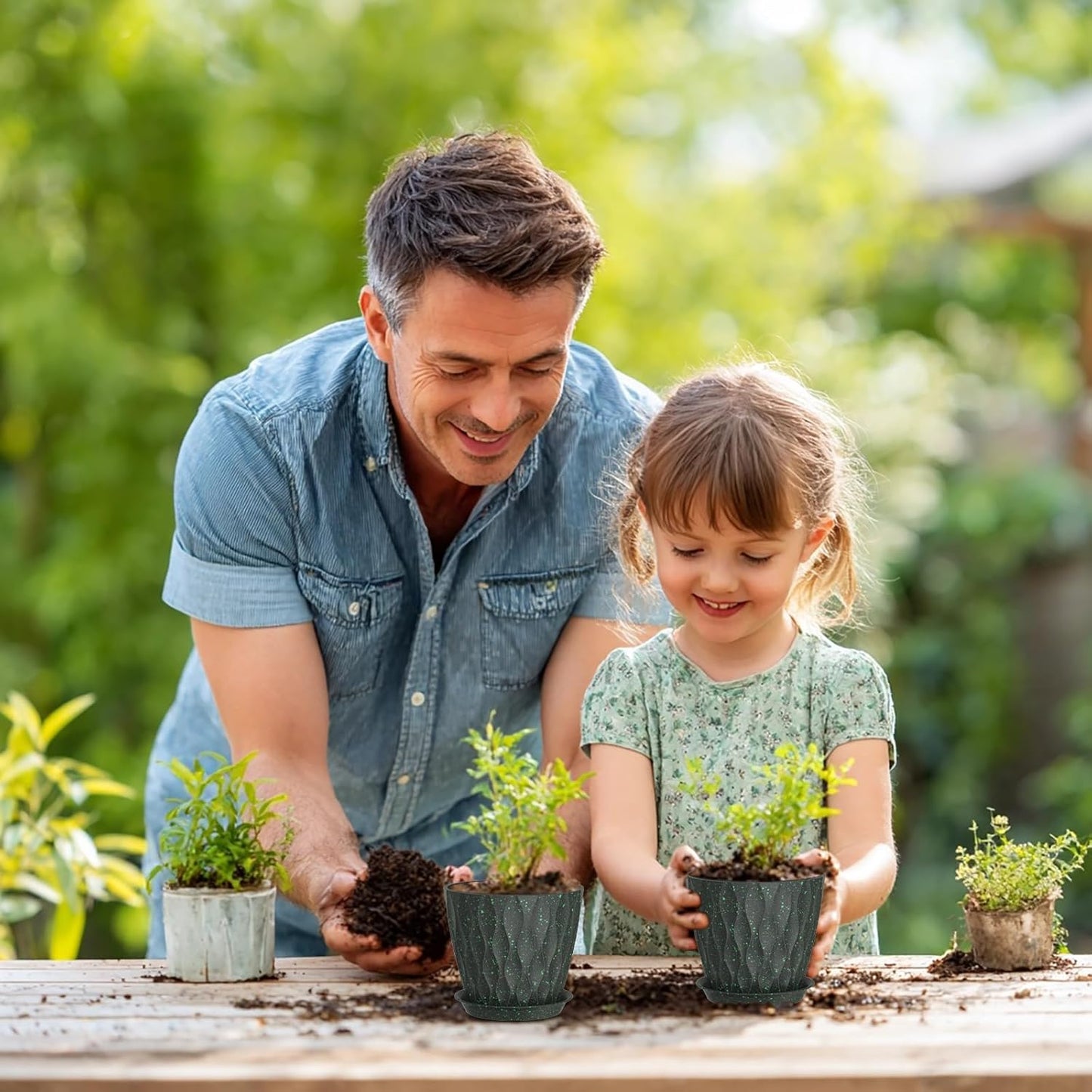 5 inch Plant Pots for Indoor Outdoor Plants, 6 Pack Thick Nursery Pots with Drainage Holes and Saucers, 3D Modern Wave Texture Small Plastic Planter Flower Pots, Black with Green Speckles