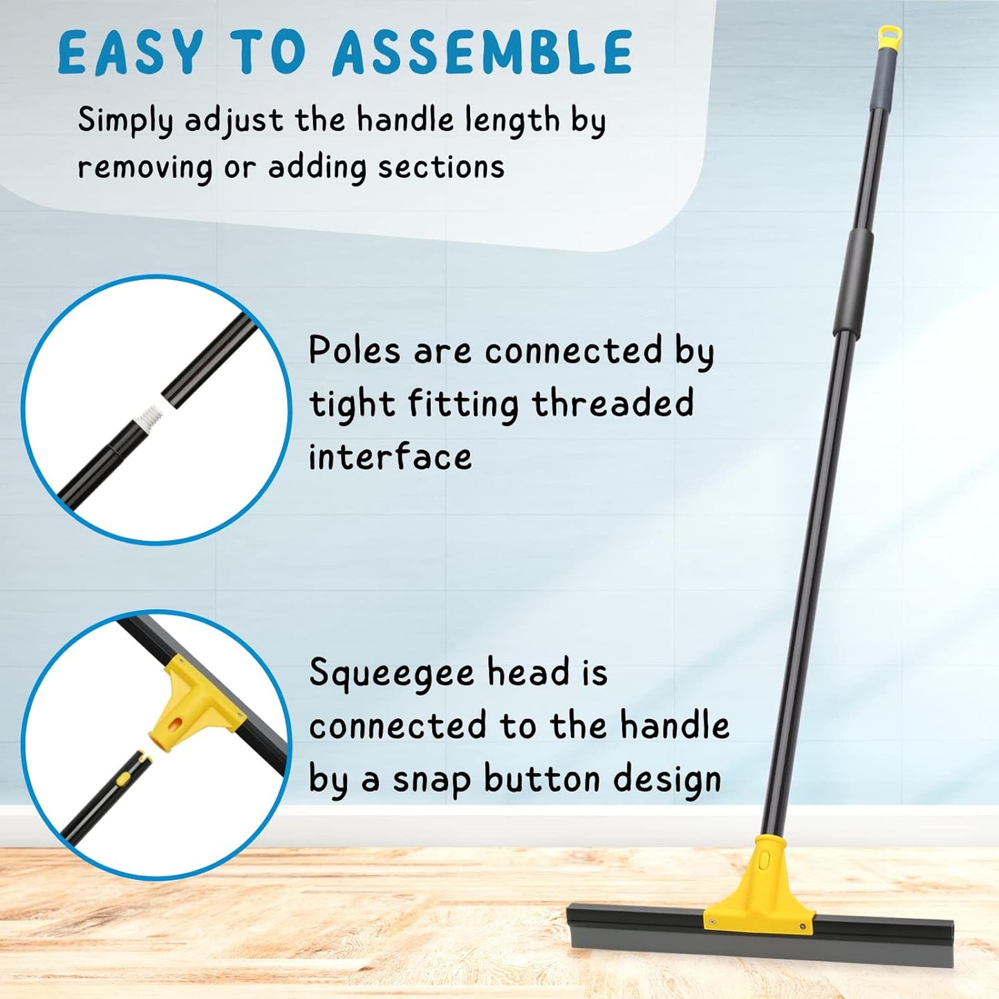 Squeegee Broom for Floor, 18'' Heavy Duty Rubber Wiper with 60'' Long Handle for Bathroom Tile, Garage Concrete, Deck, Shower Glass, Window Cleaning