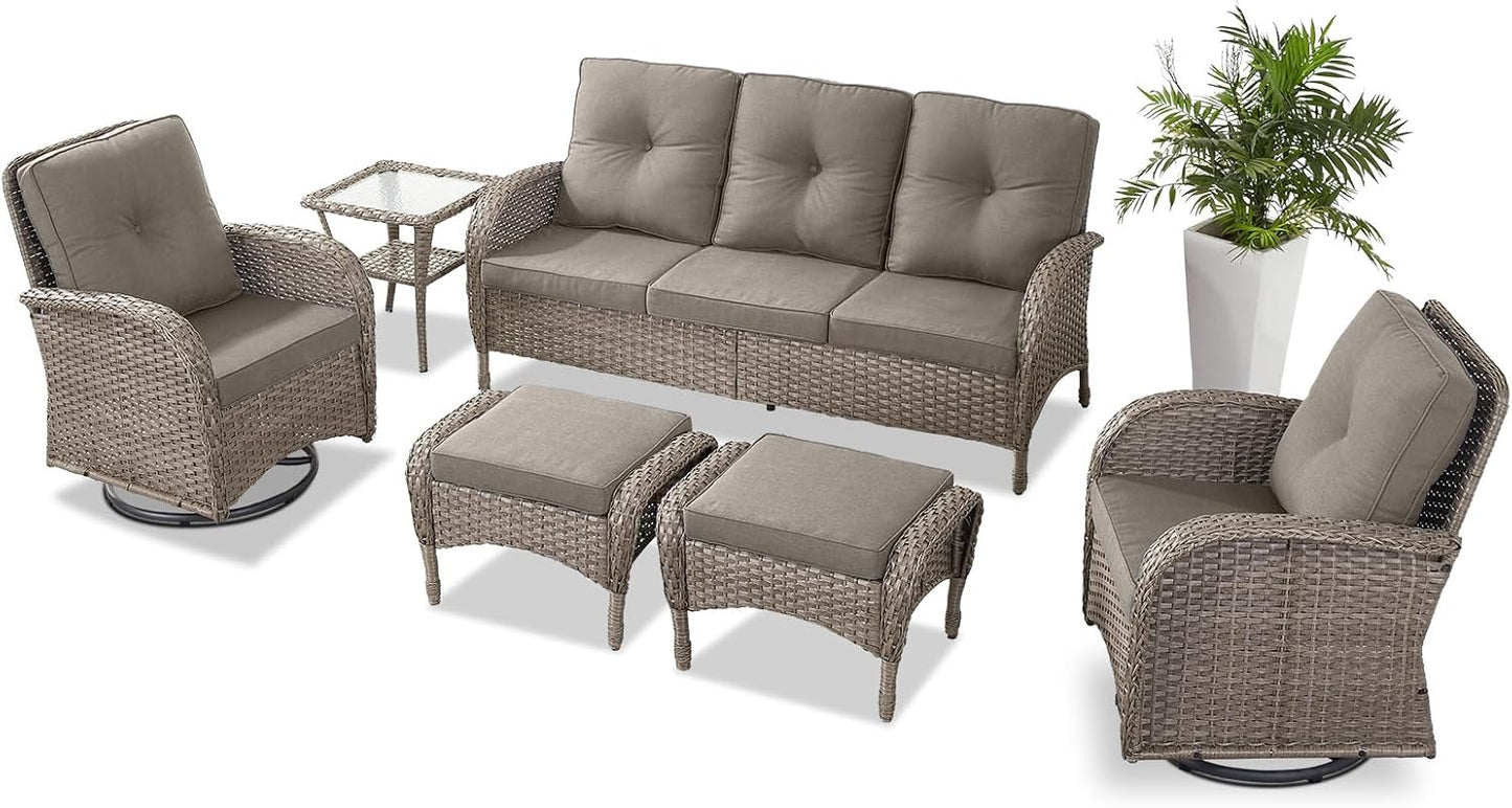 6 Pieces Wicker Patio Furniture Set - Swivel Rocker Outdoor Chairs with Outdoor Couch and Side Table, All-Weather Patio Conversation Set for Sunroom Deck Backyard