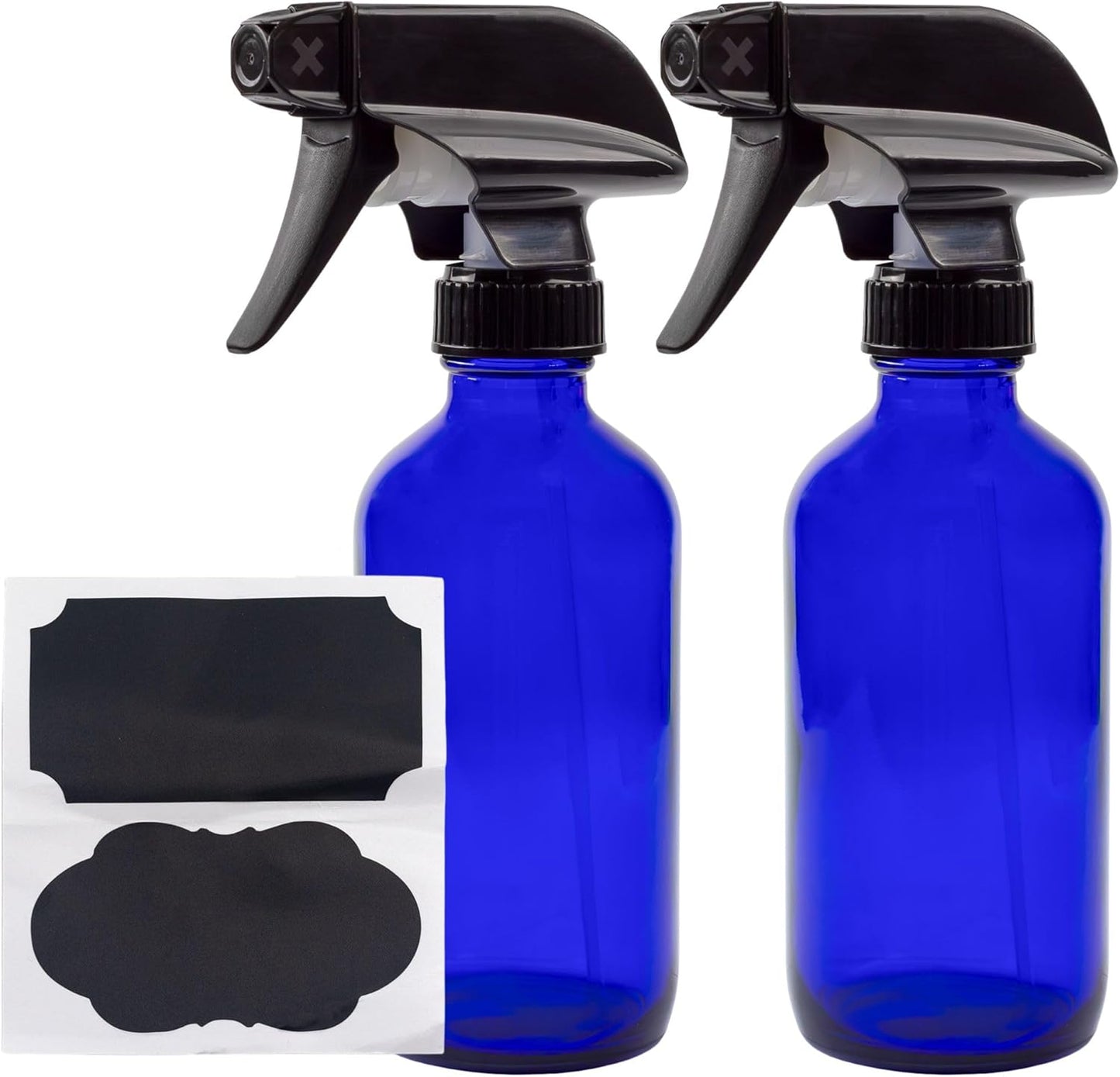 Cornucopia Brands 8-Ounce Cobalt Blue Glass Boston Round Spray Bottles (2 Pack) 3-Setting Heavy Duty Sprayers, Empty Refillable Bottle