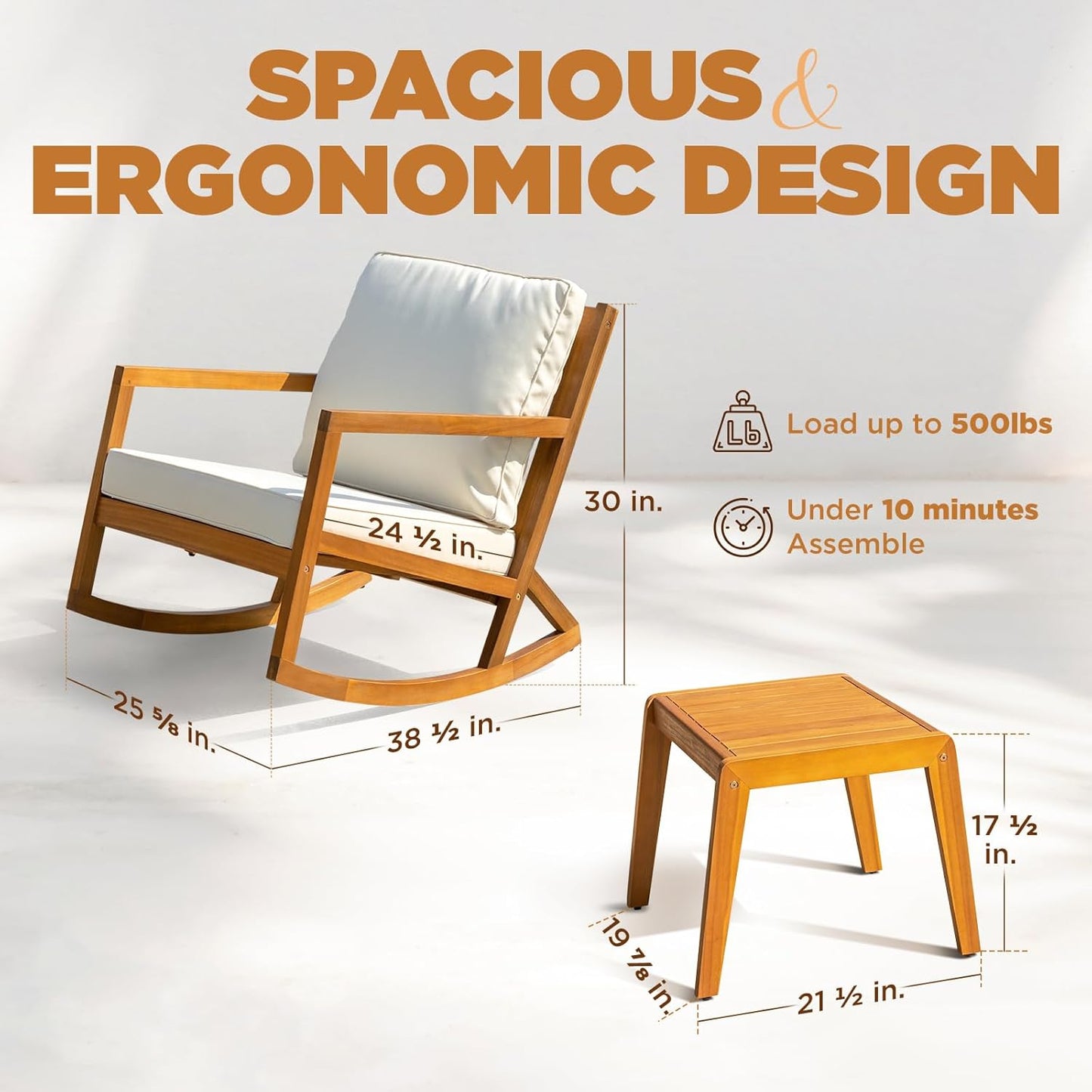 IDZO Rocking Chairs Design Heavy Duty 400lbs Capacity Wood Patio Bistro Set 3 Piece Outdoor