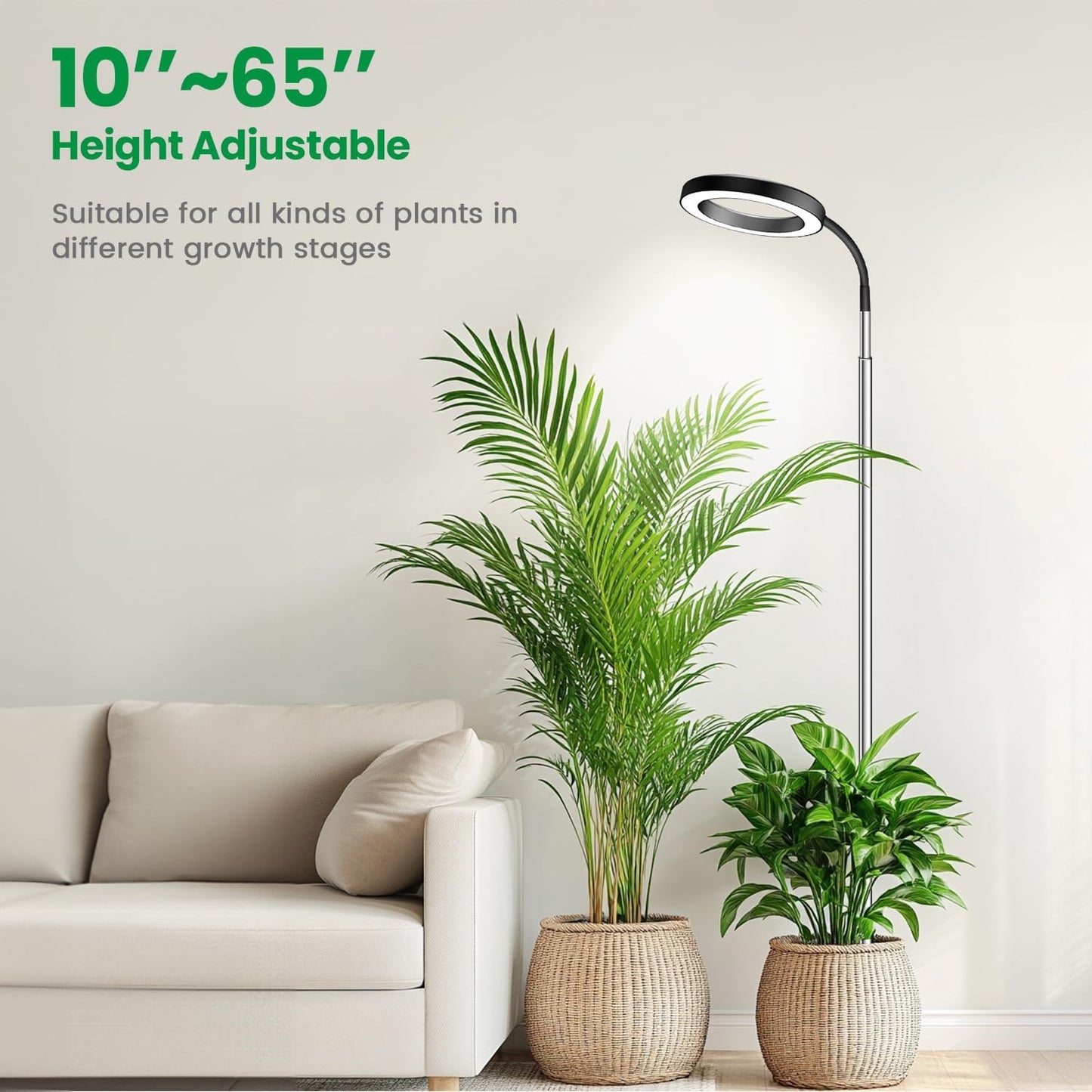 Garpsen Grow Lights for Indoor Plants, Full Spectrum 65'' Plant Light with Gooseneck, 3 Colors Modes and 5 Dimmable Levels, 6/12/16H Timer, 80 LED Height Adjustable Grow Lamp for Plants(Soil Insert)