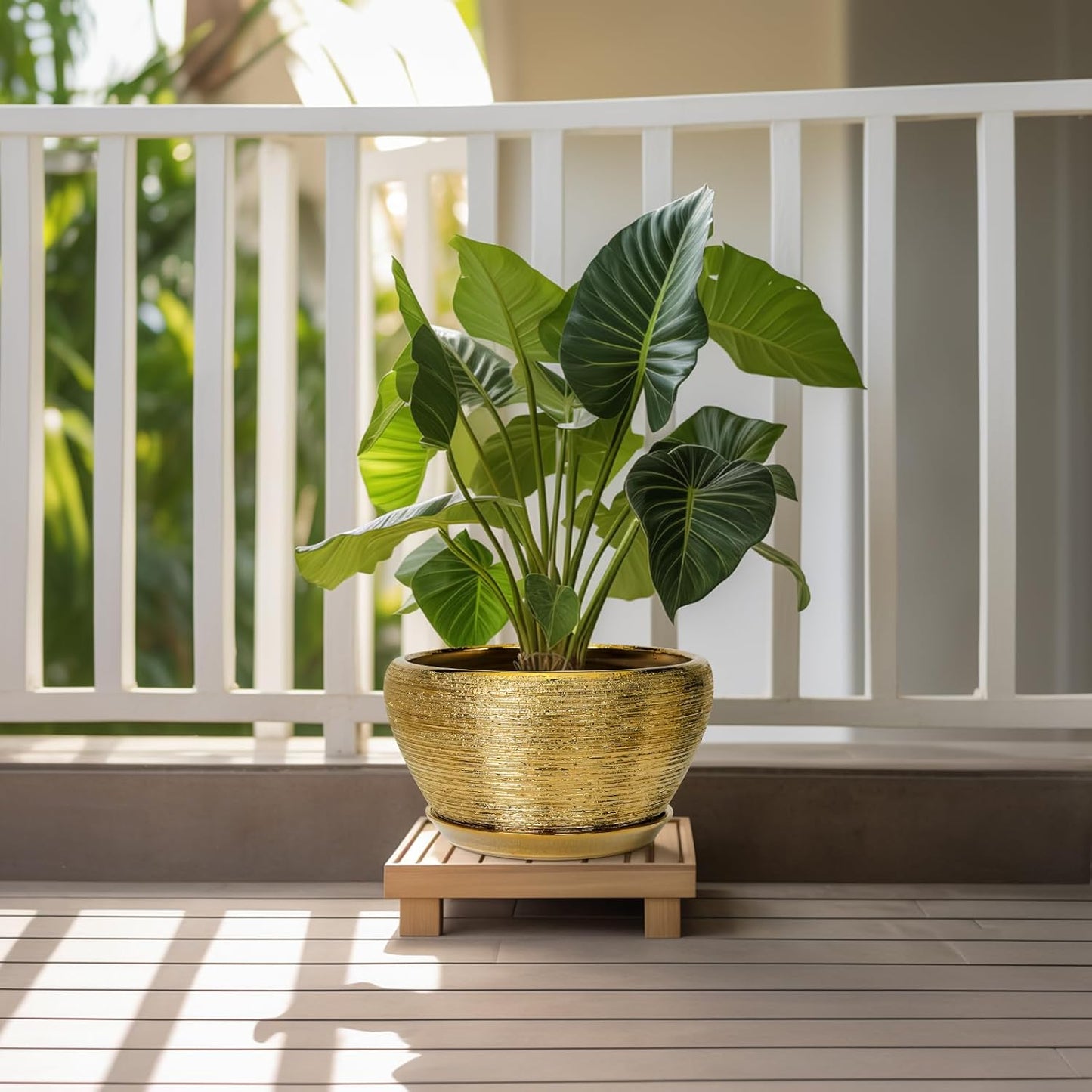 Ceramic Planter 11 Inch - Indoor Plant Pot with Drainage Hole and Saucer Large Planter for Outdoor Plants Mid-Century Decorative Flower Pot for Home Decor Gold