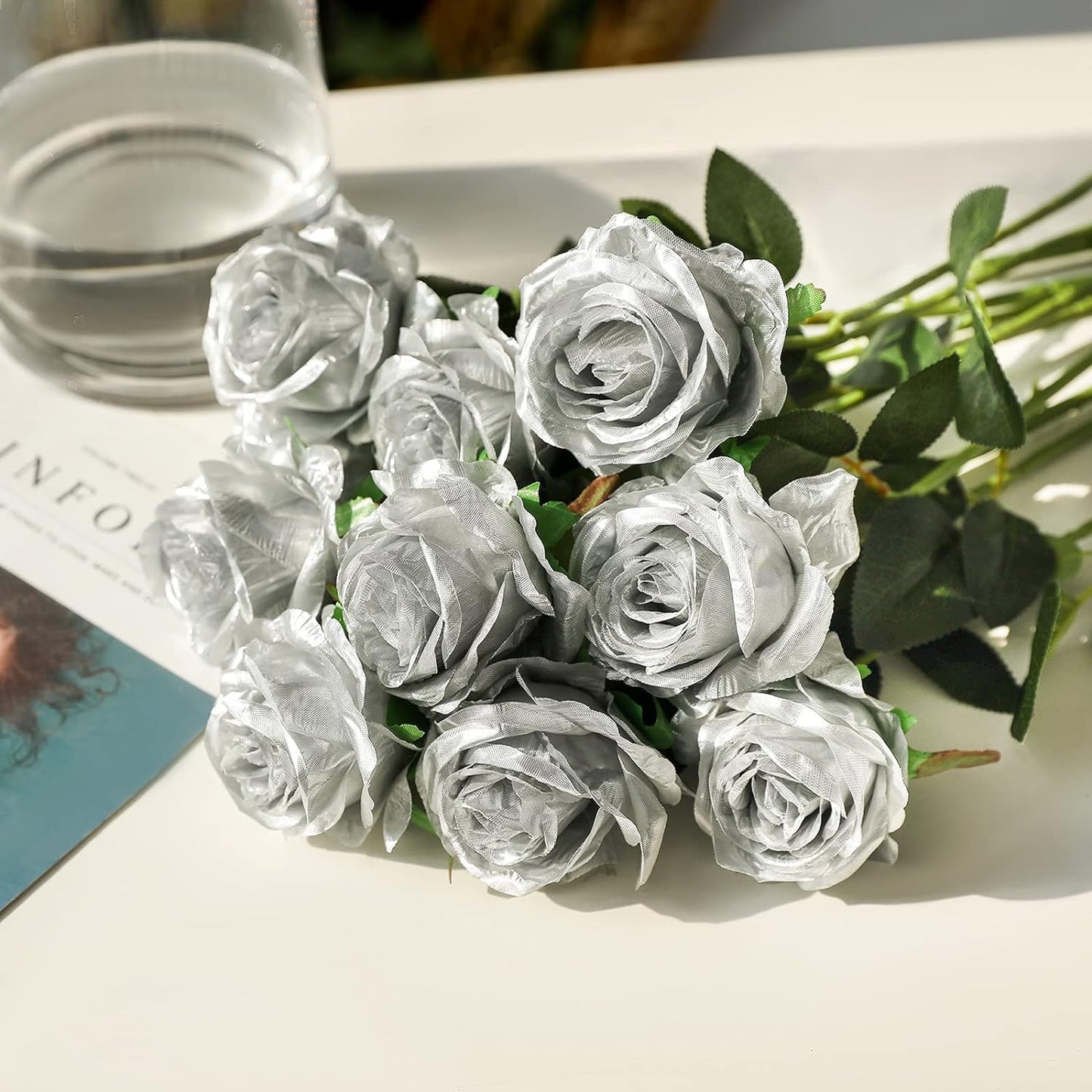 Silver Fake Roses Artificial Flowers - 10 Pcs Fake Artificial Roses Silk Flowers with Stems for Home Wedding Hotel Office Centerpiece Decor