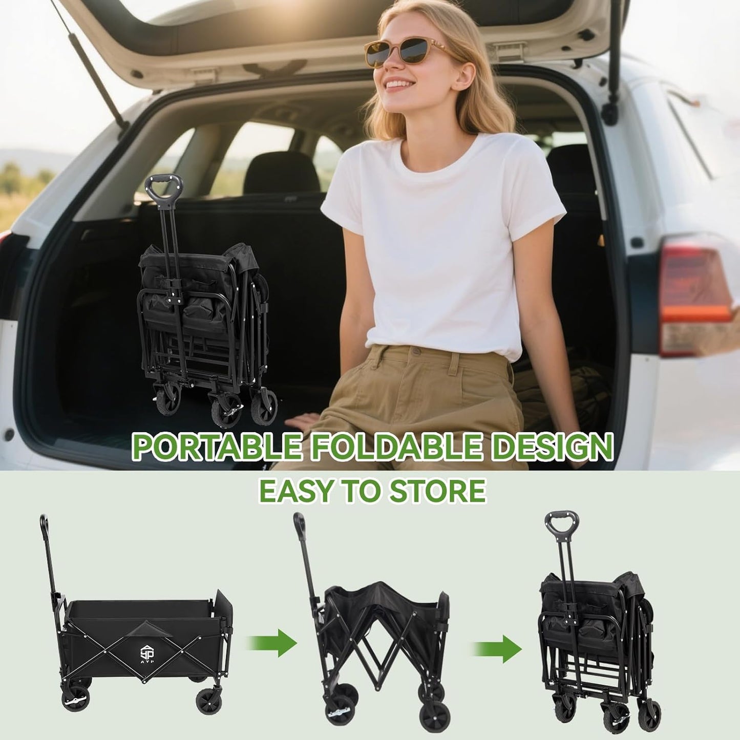 AYP Collapsible Wagon Cart Foldable with Wheels, Beach Wagon with Extended Tailgate & Brake, Heavy Duty Rolling Carts for Garden, Grocery Shopping, Camping, Outdoor Sports, Yard Work, Fishing