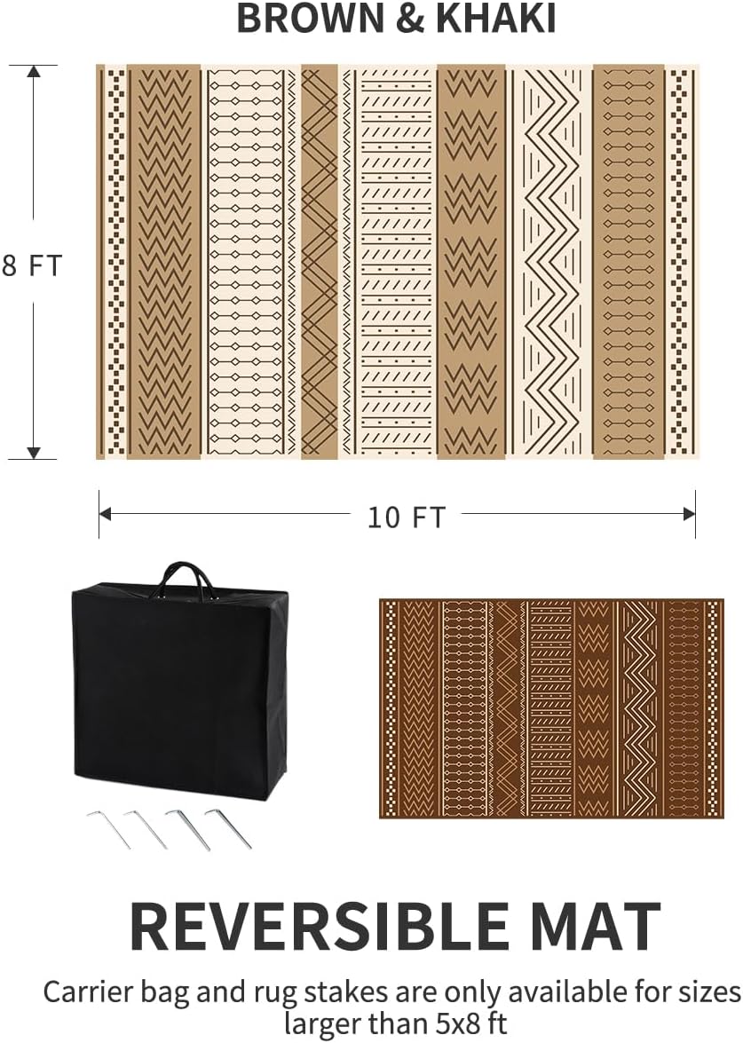 Outdoor Rug Carpet Waterproof 8x10 ft Patio Rug Mat Indoor Outdoor Area Rug for RV Camping Picnic Reversible Lightweight Plastic Straw Outside Rug for Patio Decor Decoration Boho Rug Brown Beige